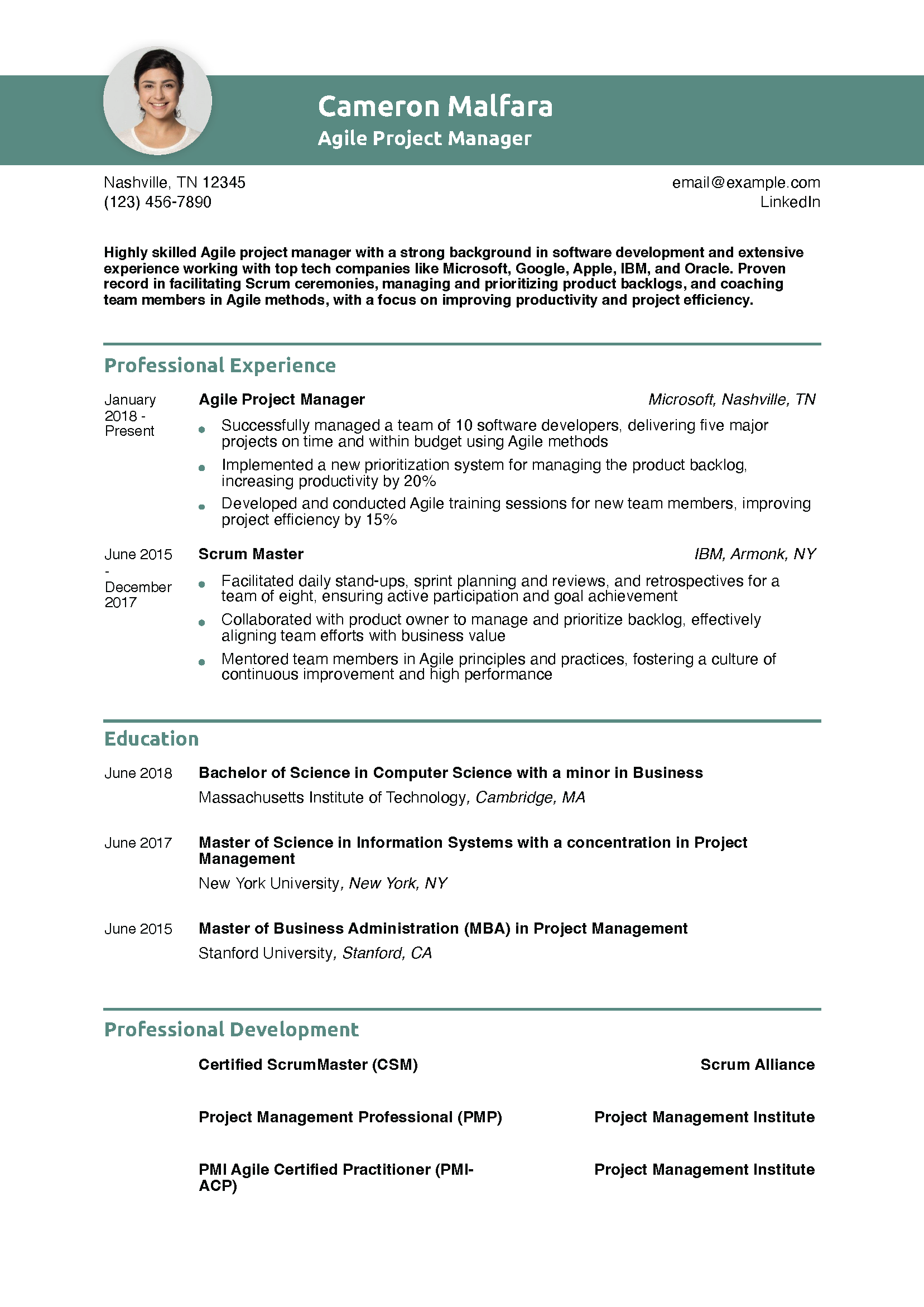 Agile Project Manager Resume Example