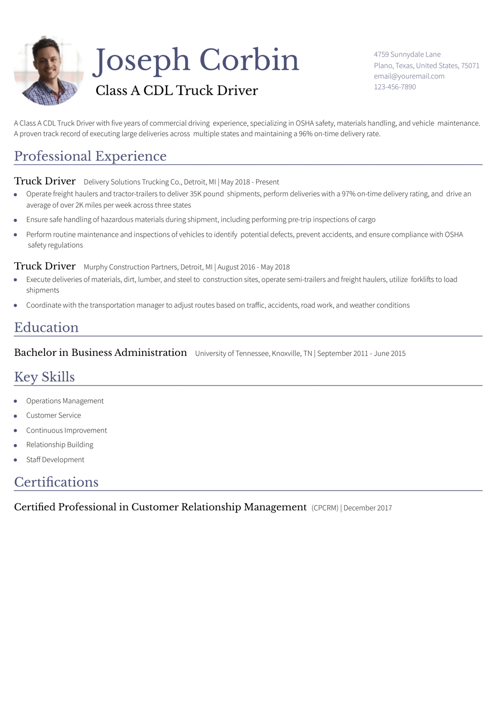 Contemporary Truck Driver Resume Example