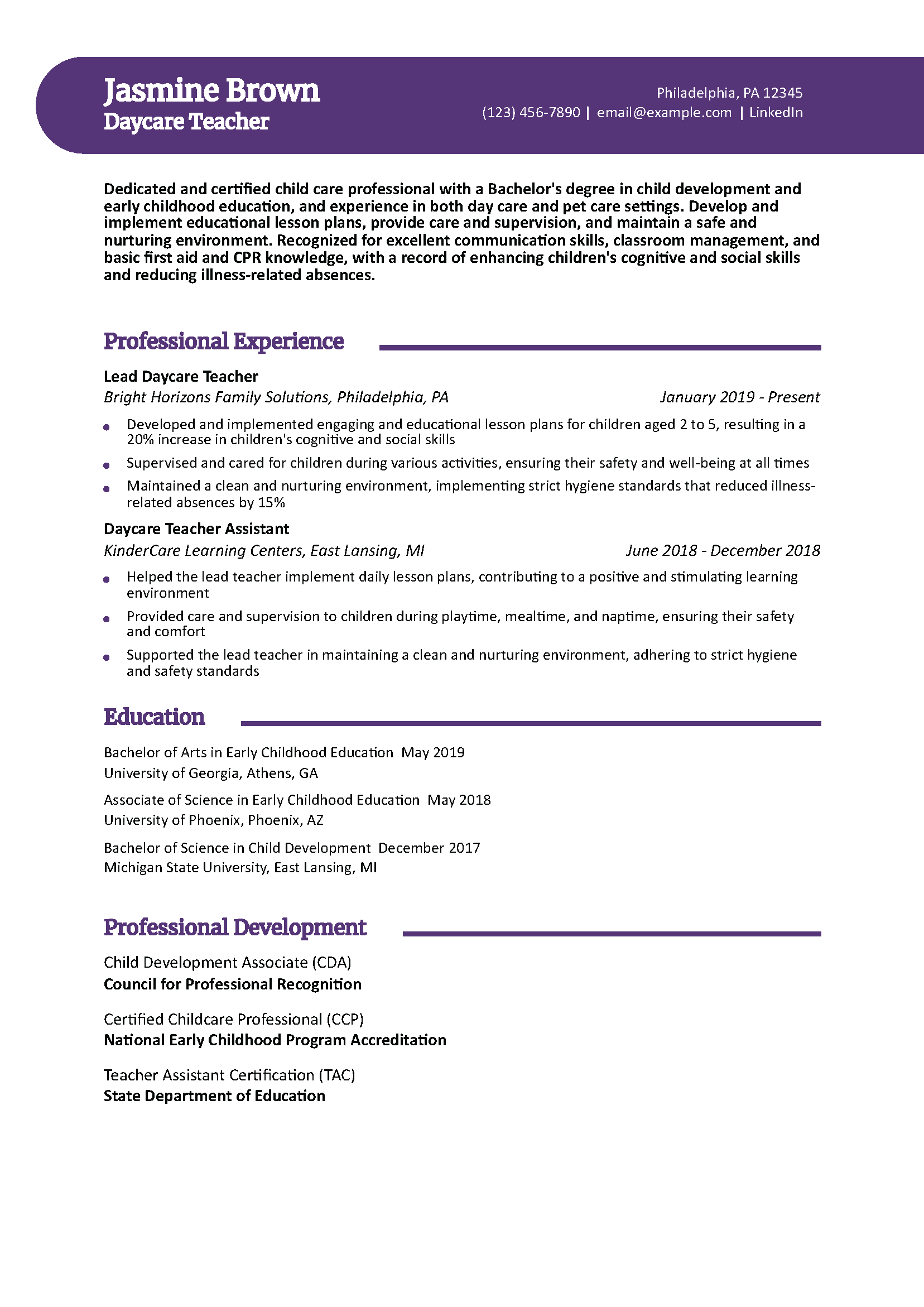 Day Care Teacher Assistant Resume Example