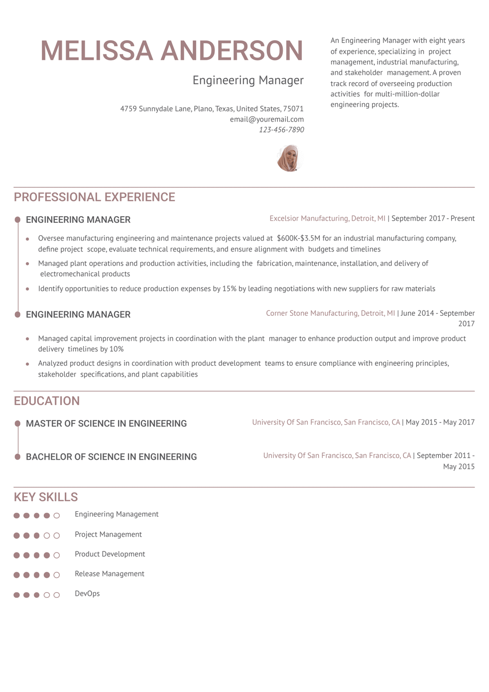 Engineering Manager Resume Example