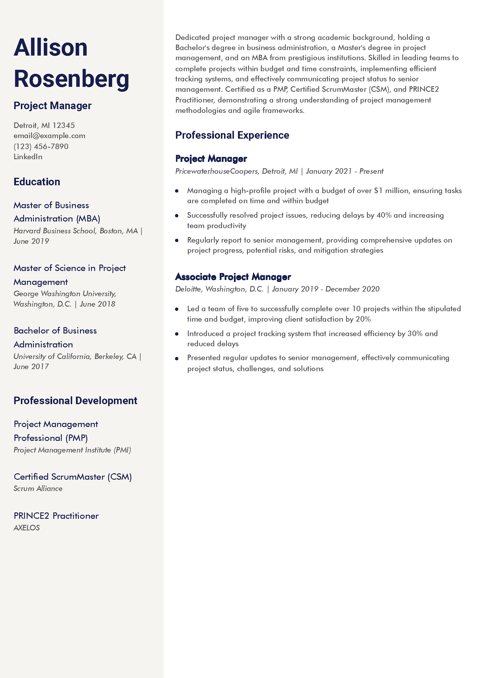 Entry-level Project Manager Resume Example