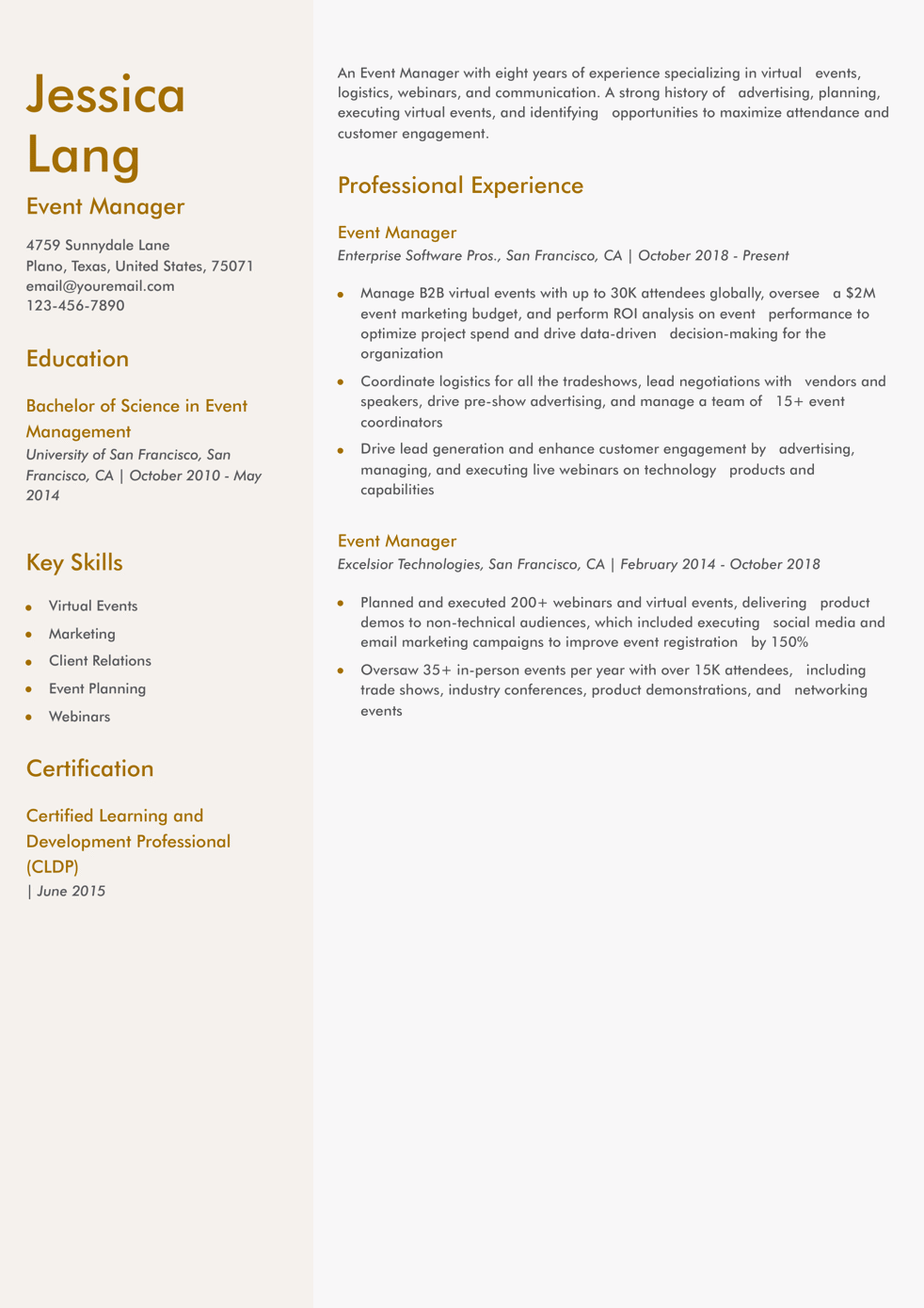 Event Manager Resume Example