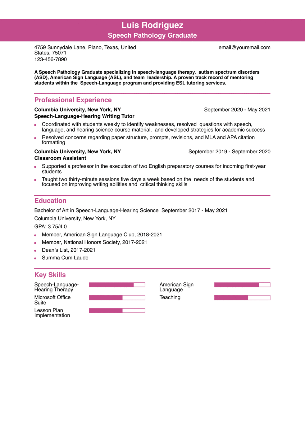 Graduate School Resume Example