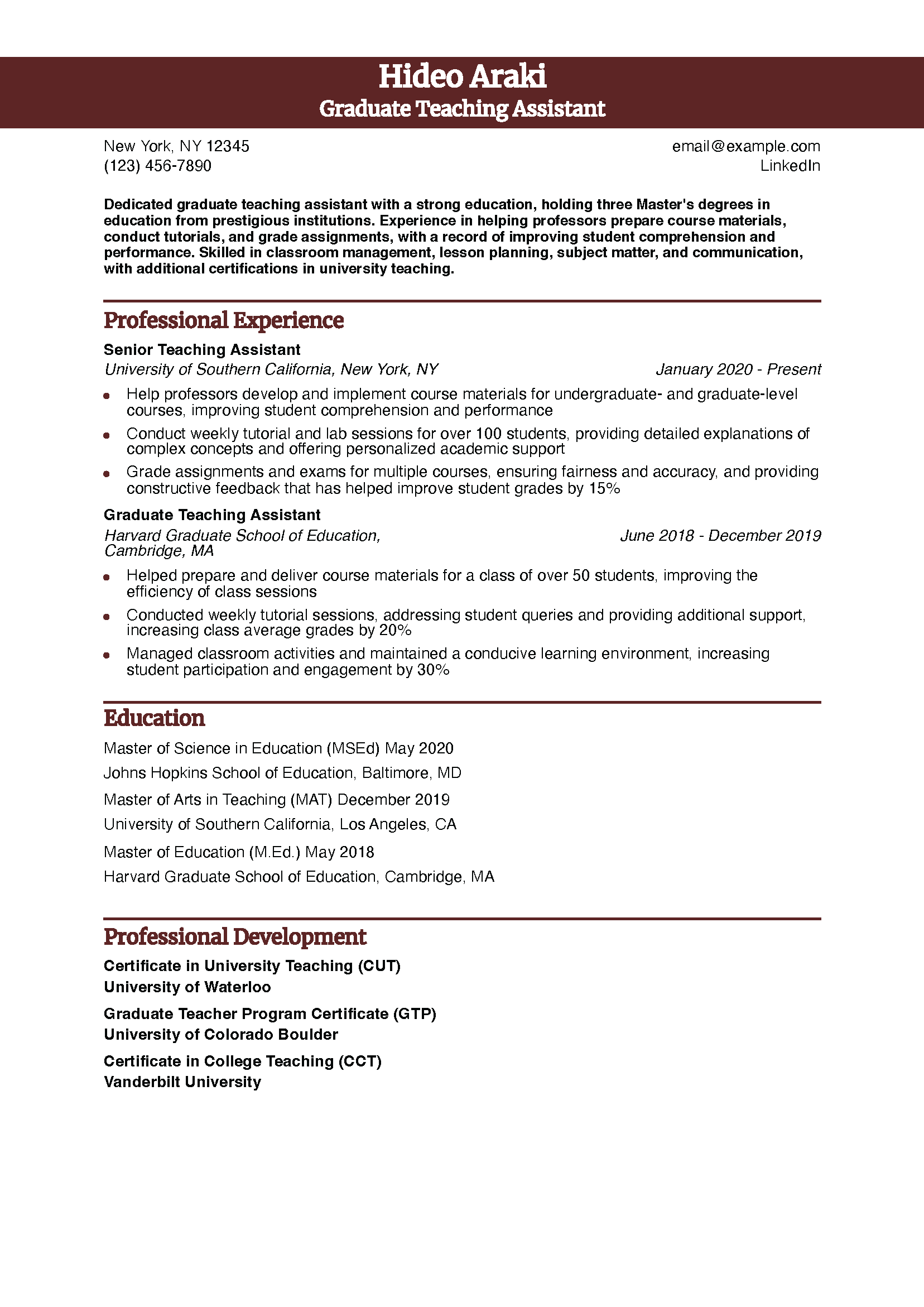 Graduate Teaching Assistant Resume Example