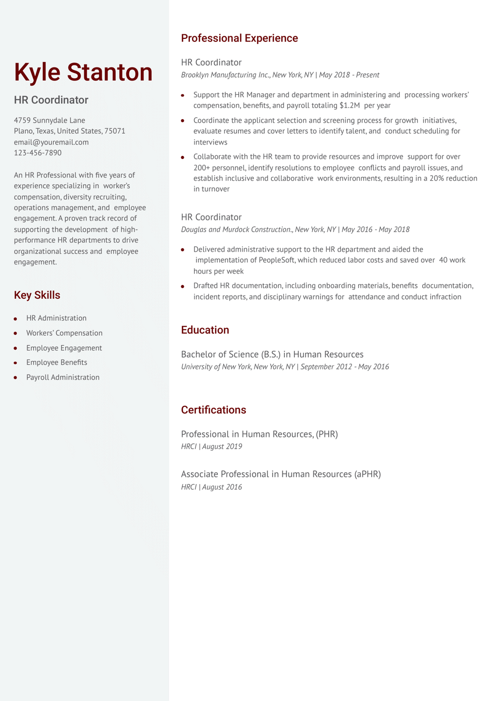 Human Resources Coordinator Resume Example