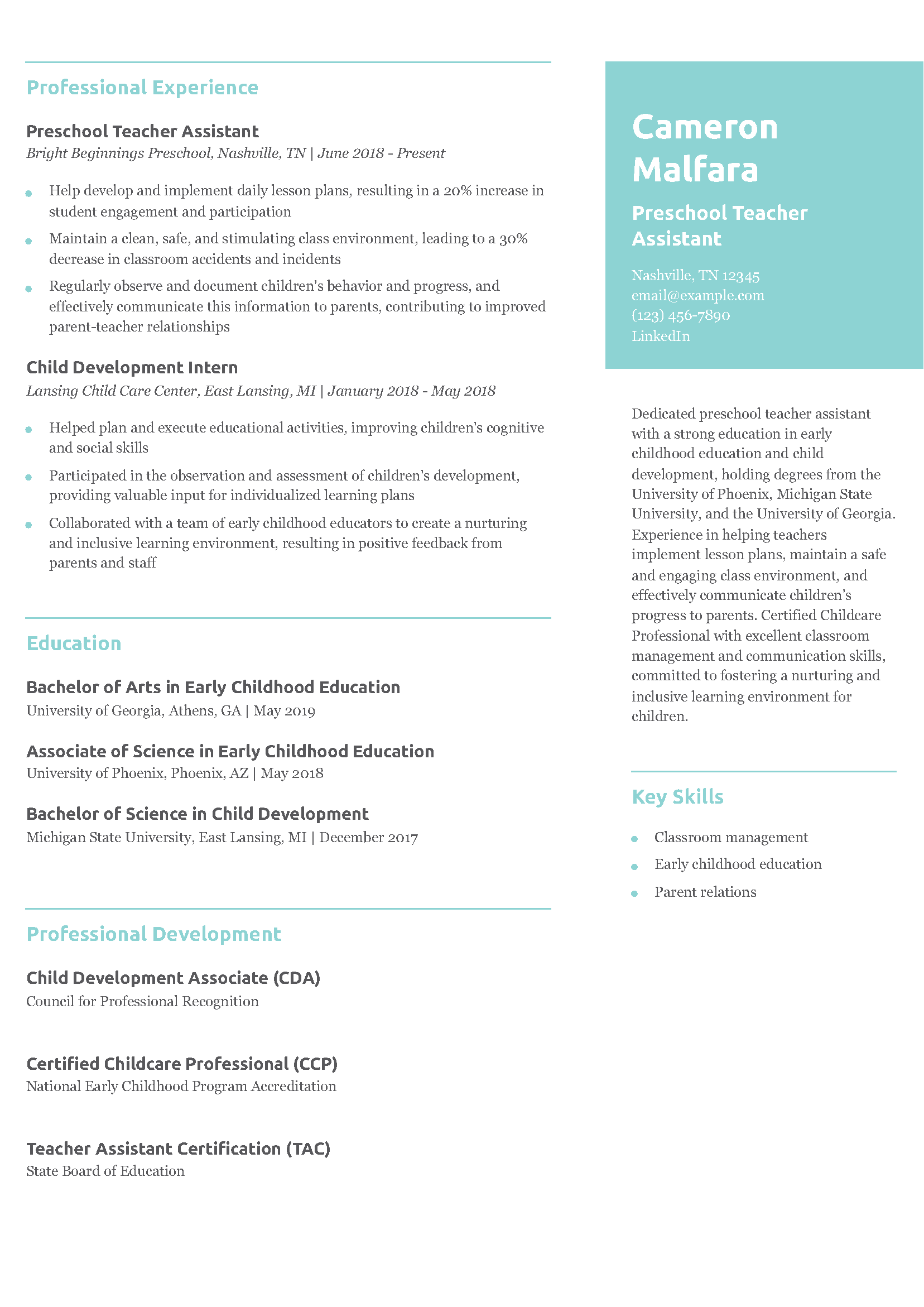 Preschool Teacher Assistant Resume Example