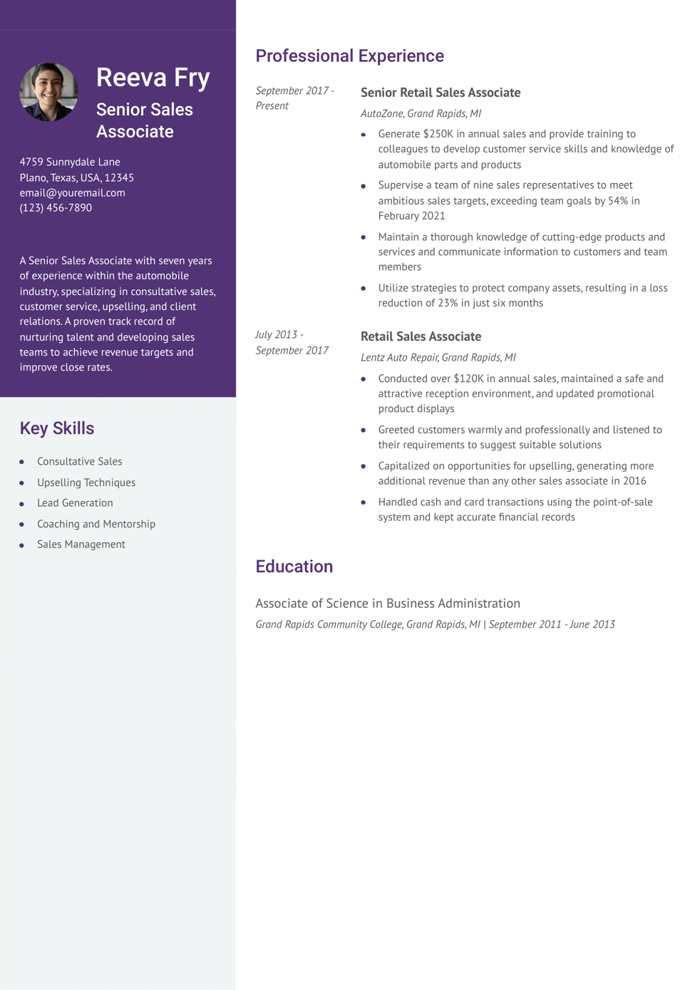 Senior Sales Associate Resume Example