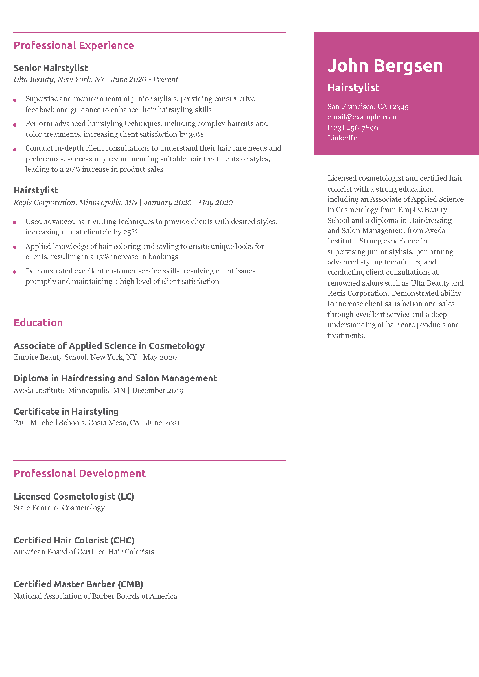 Student Hairstylist Resume Example