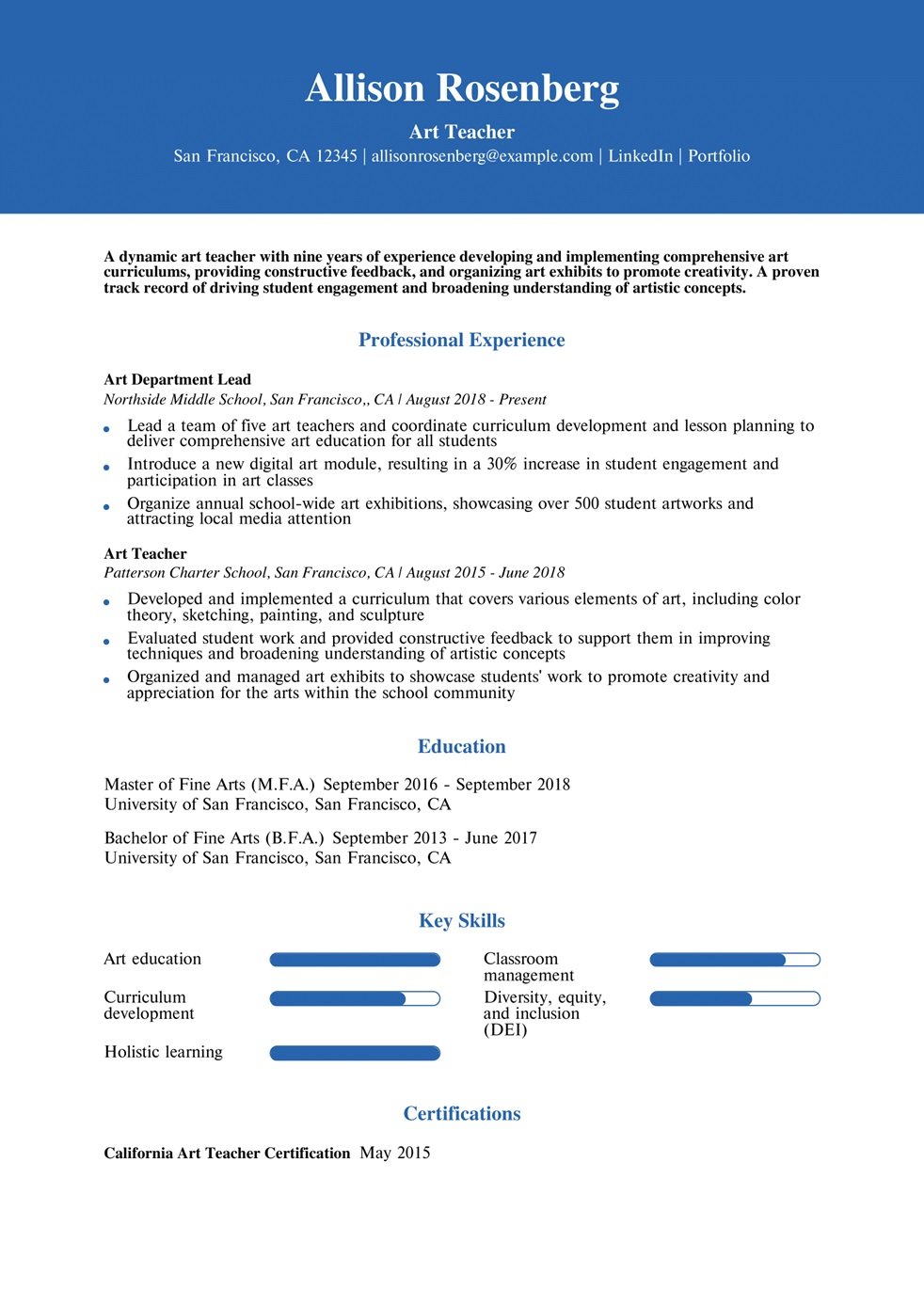 Art Teacher Resume Example