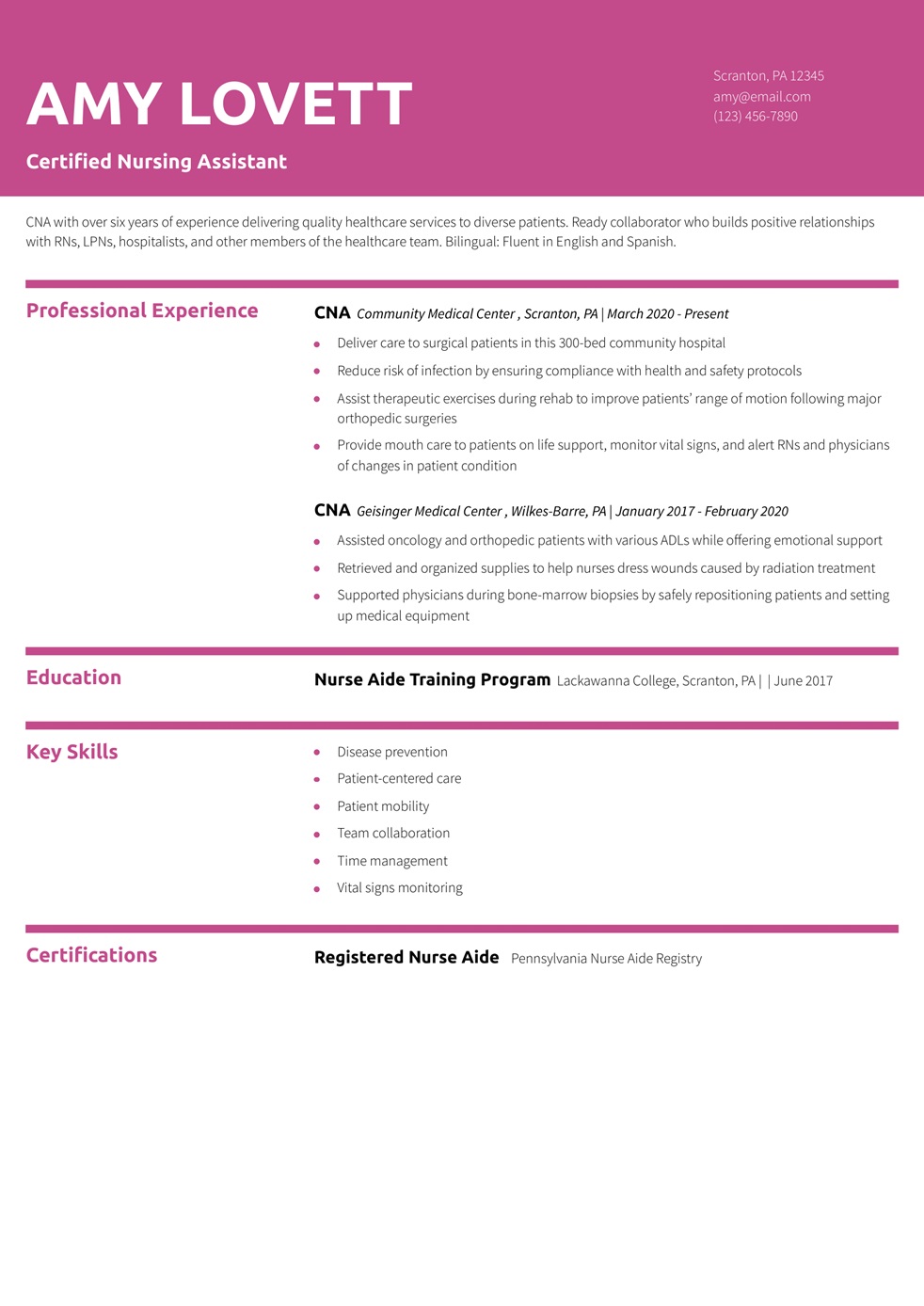 Certified Nursing Assistant Resume Example