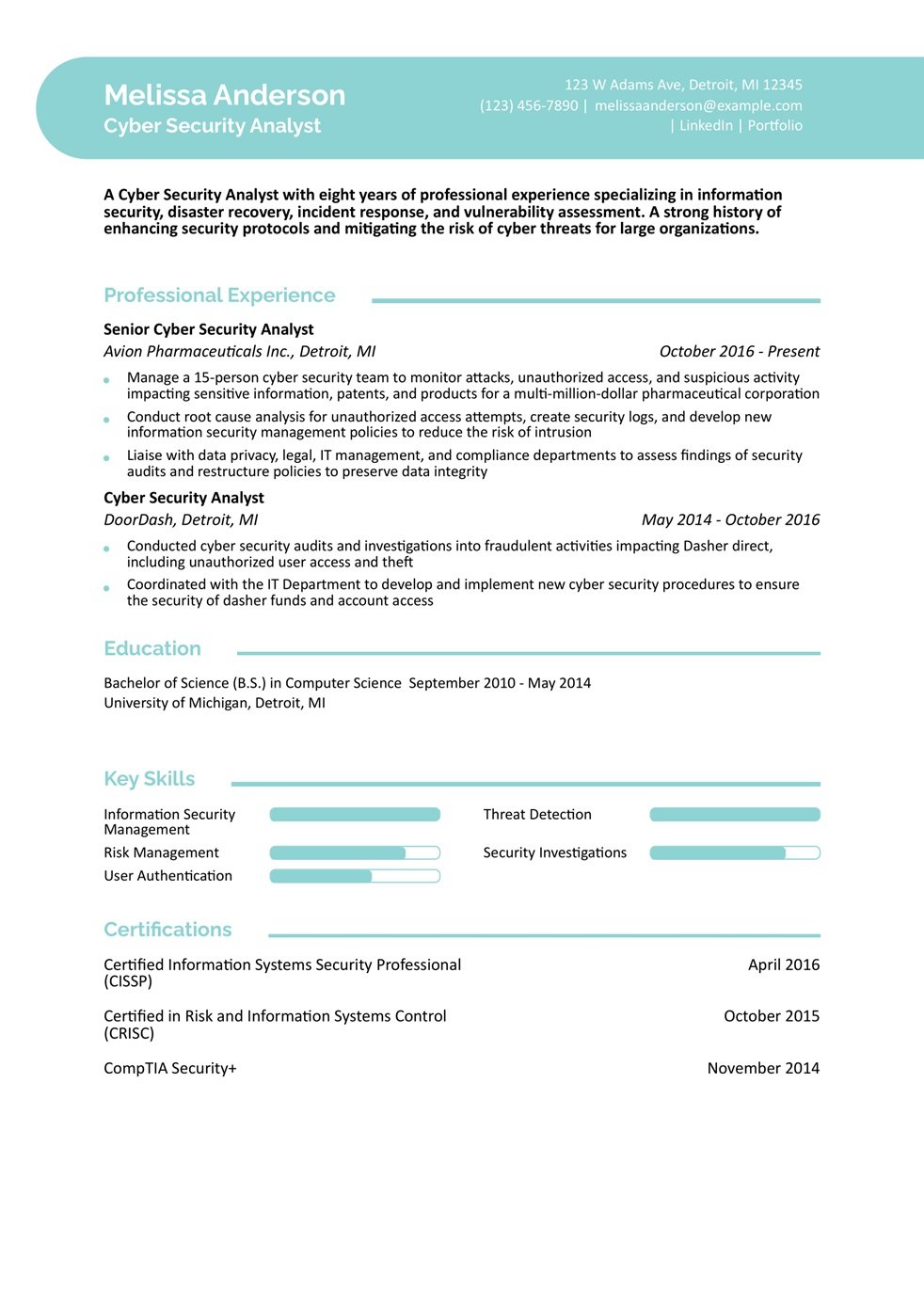 Cybersecurity Analyst Resume Example