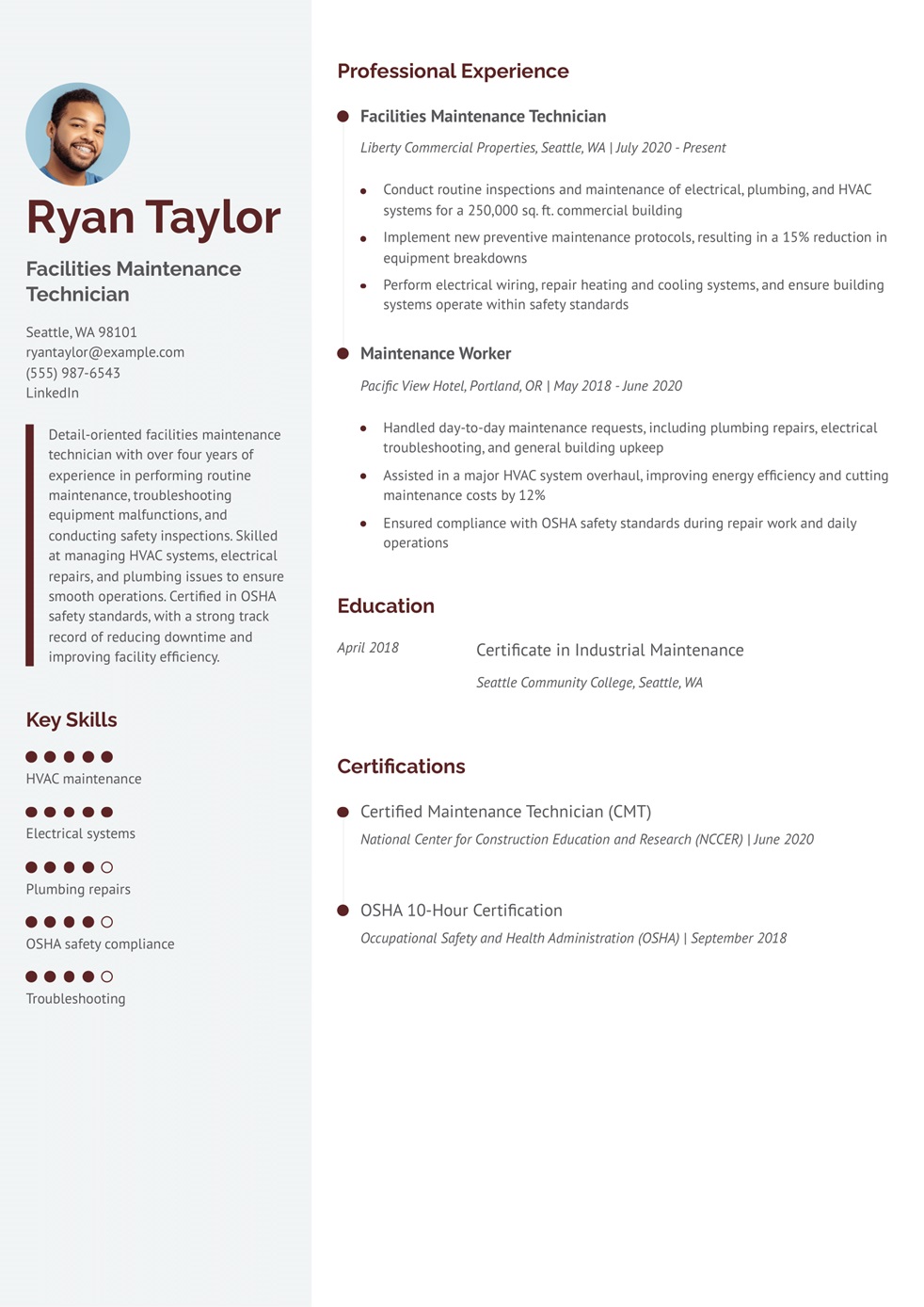 Facilities Maintenance Technician Resume Example