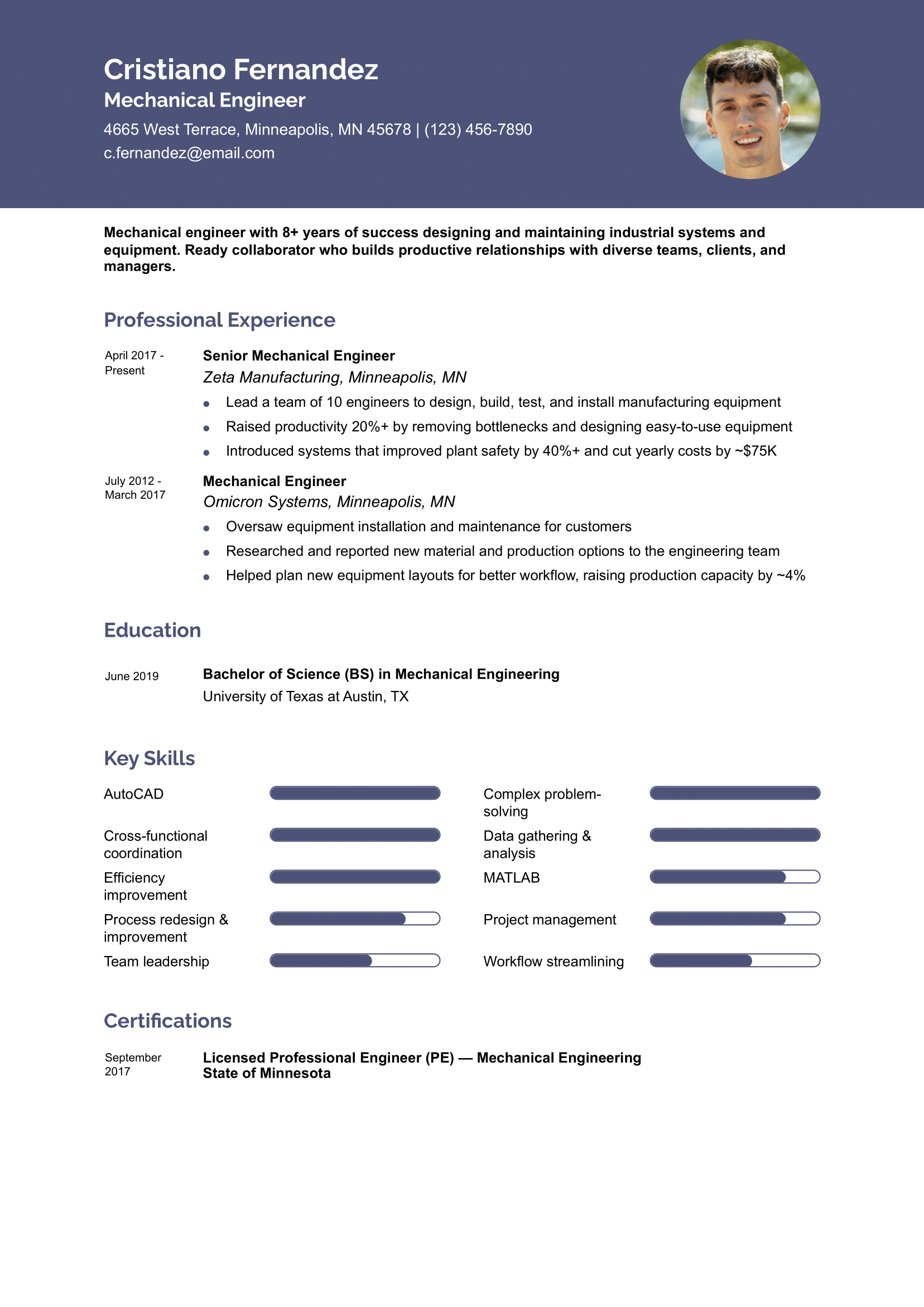 Mechanical Engineer Resume Example