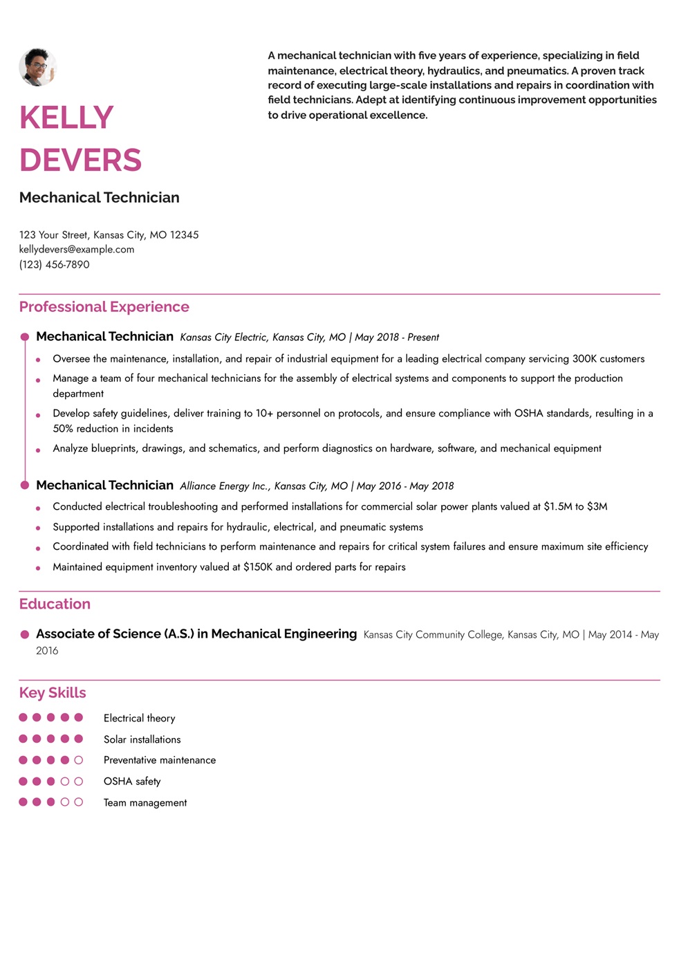 Mechanical Technician Resume Example