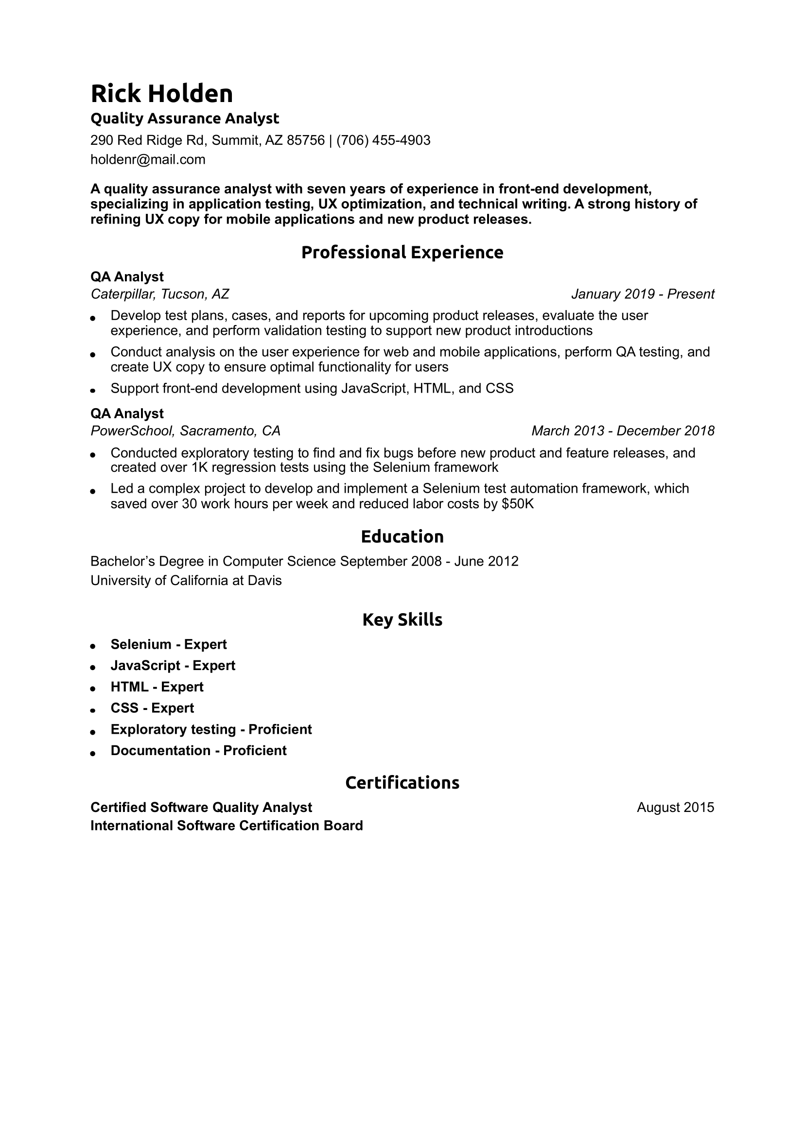 Quality Assurance Resume Example