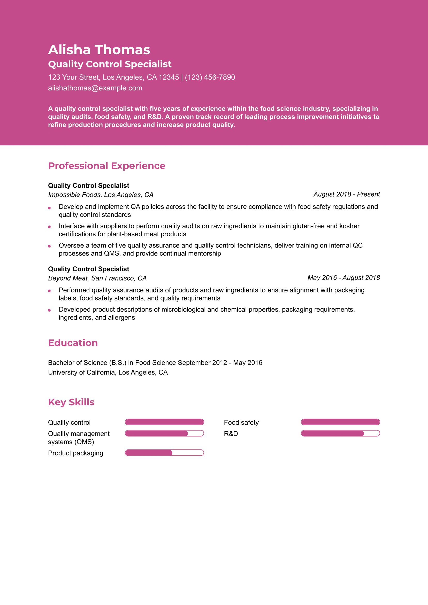 Quality Control Resume Example