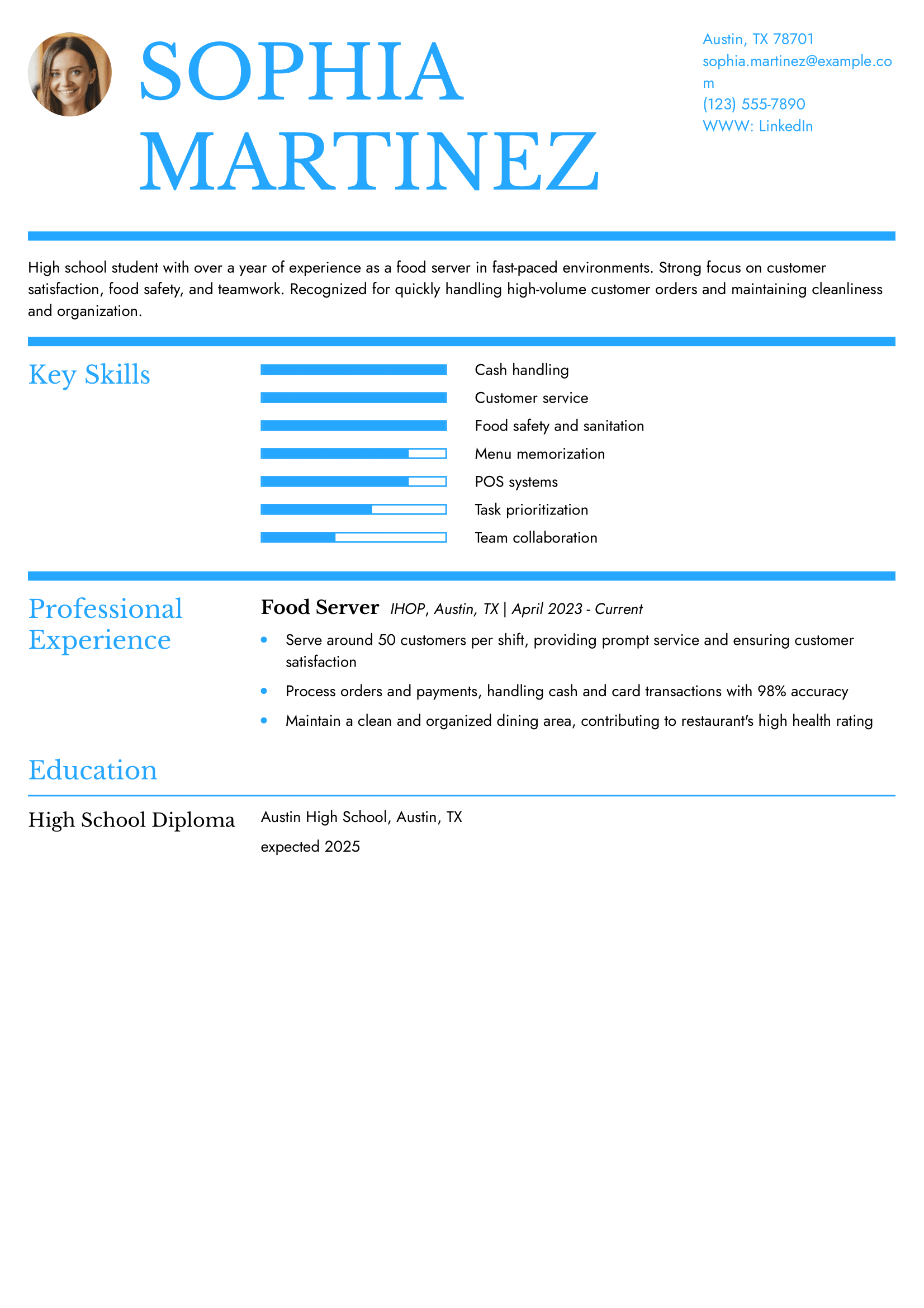 Food Server Teen Resume Example