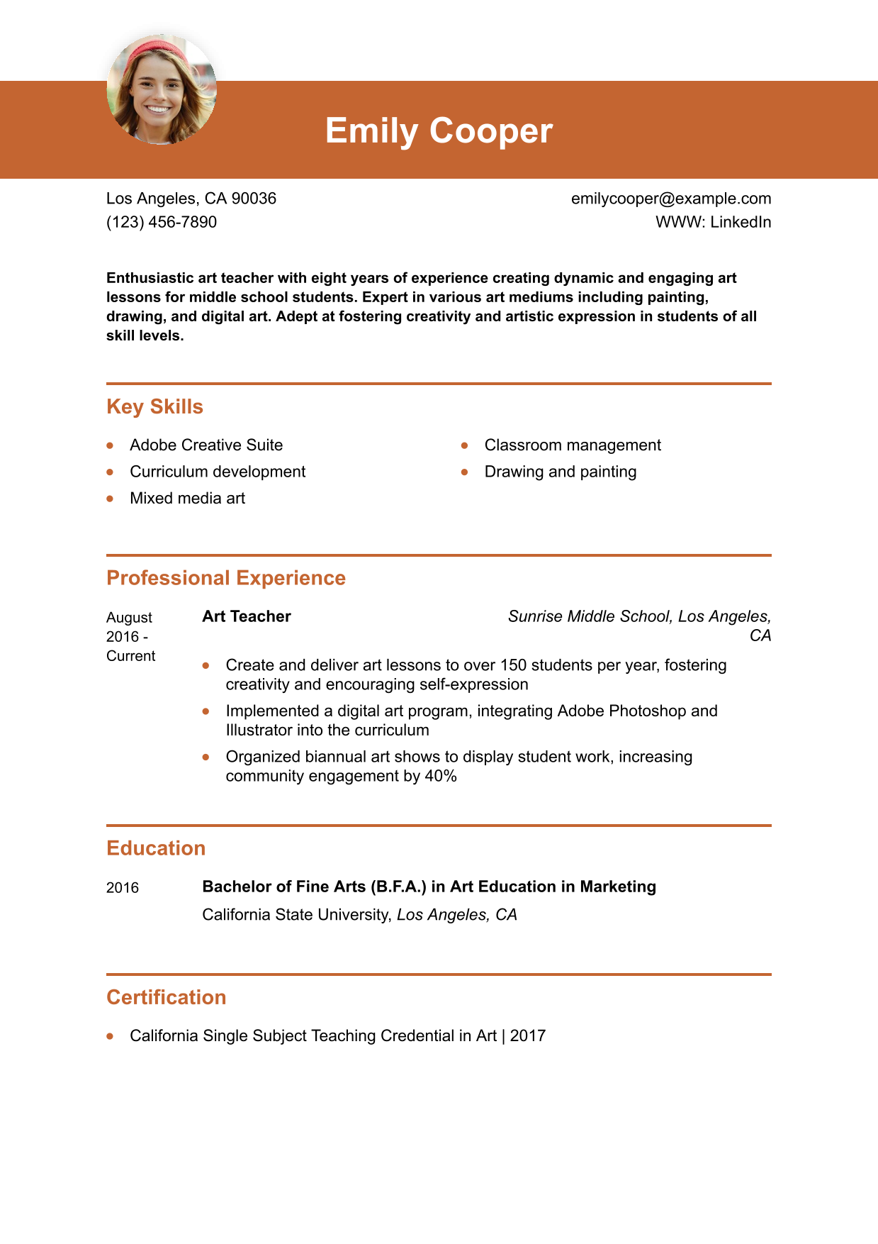 Art Teacher Resume Examples and Templates for 2024