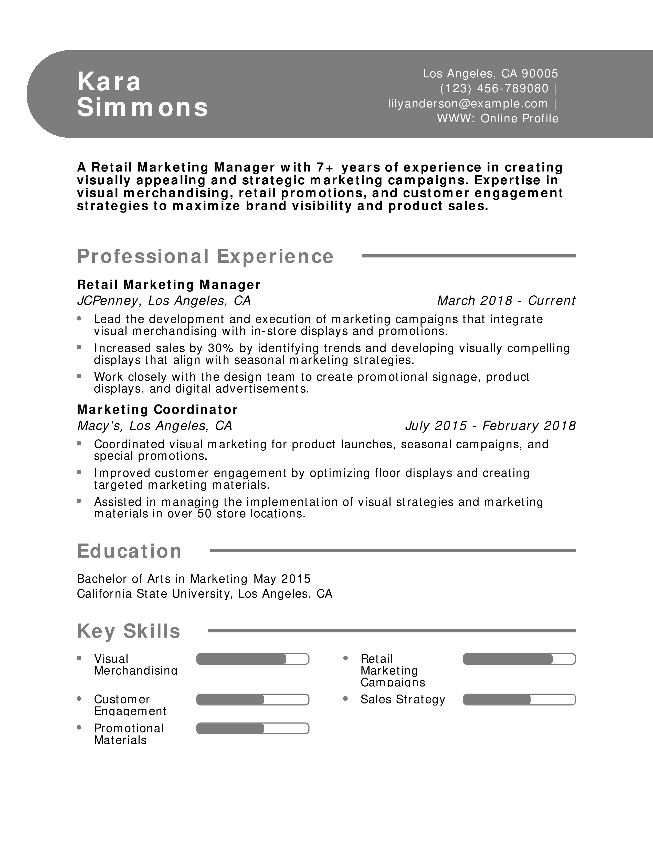 Retail Marketing Manager Resume Example