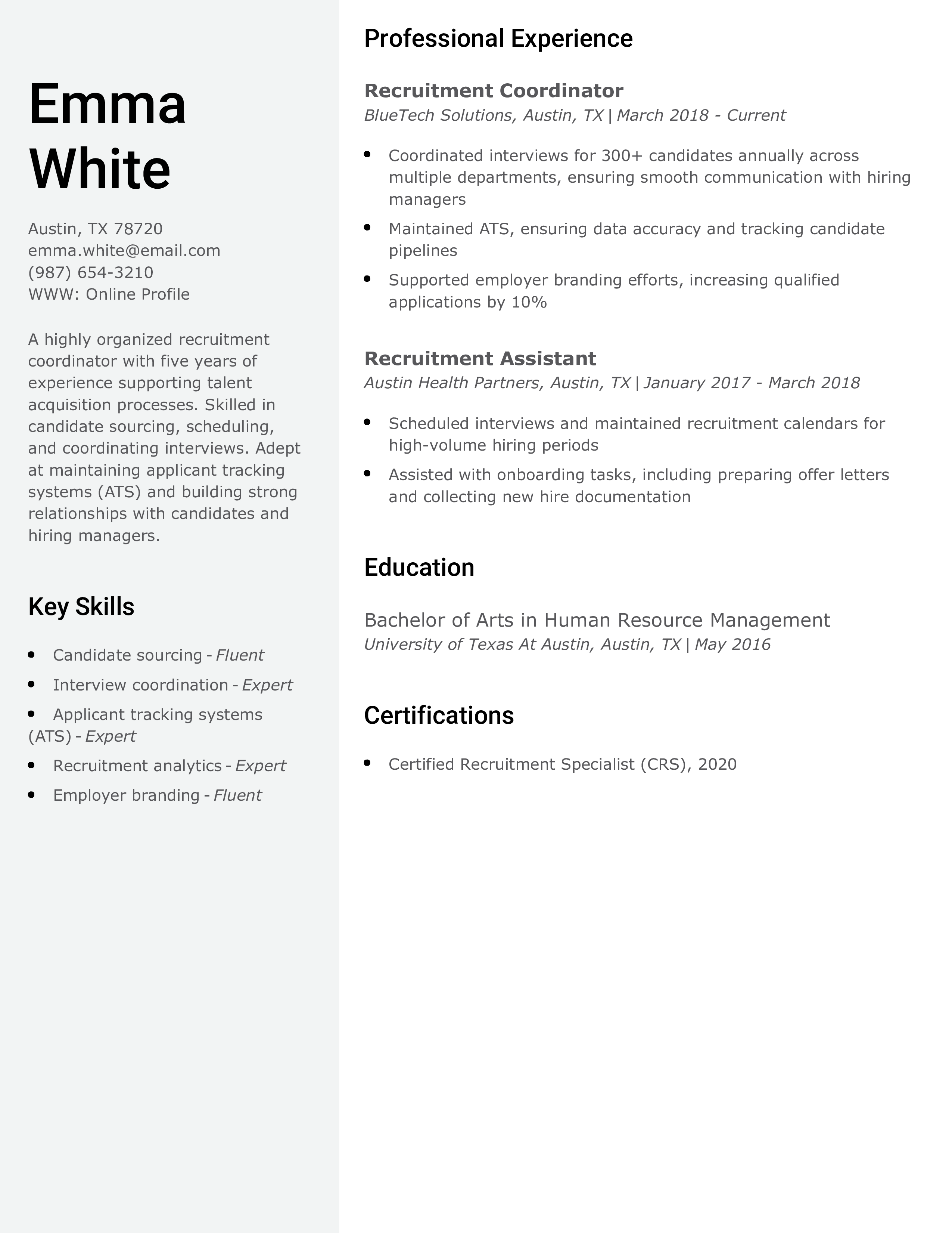 Human Resources Recruitment Coordinator Resume