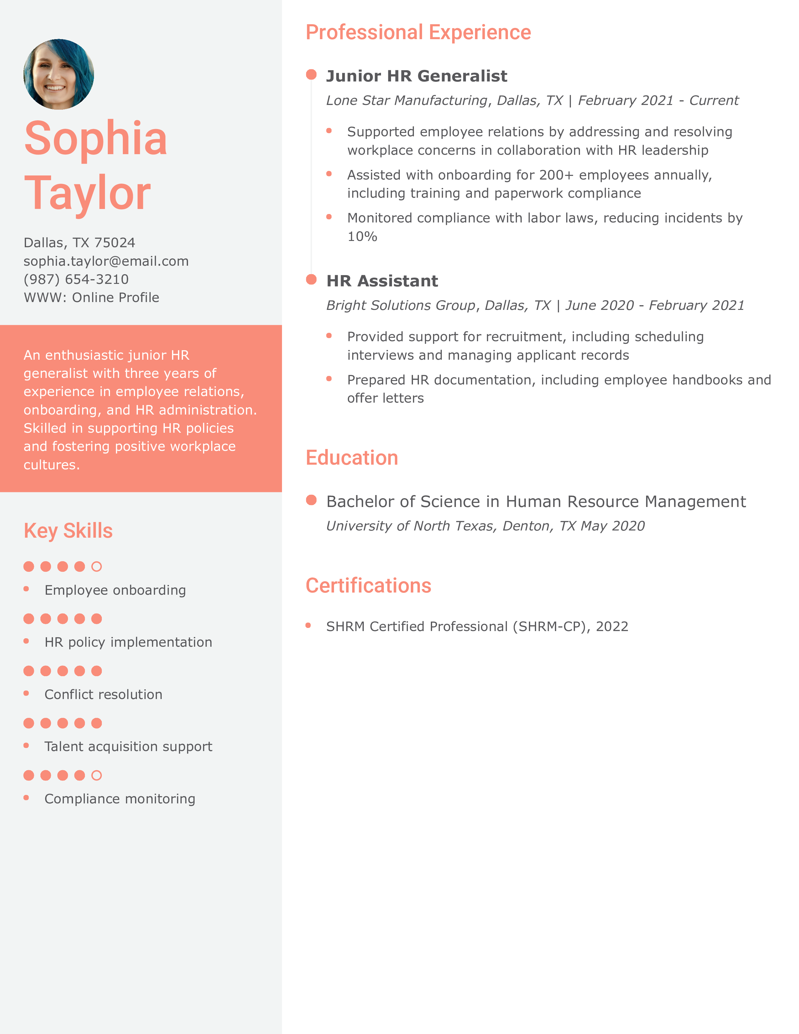 Junior HR Generalist Resume