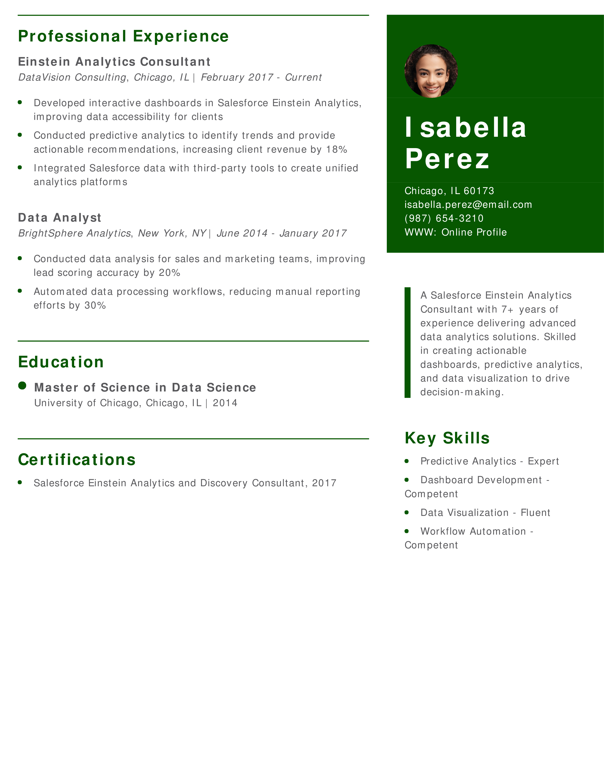 Salesforce Einstein Analytics Consultant Resume