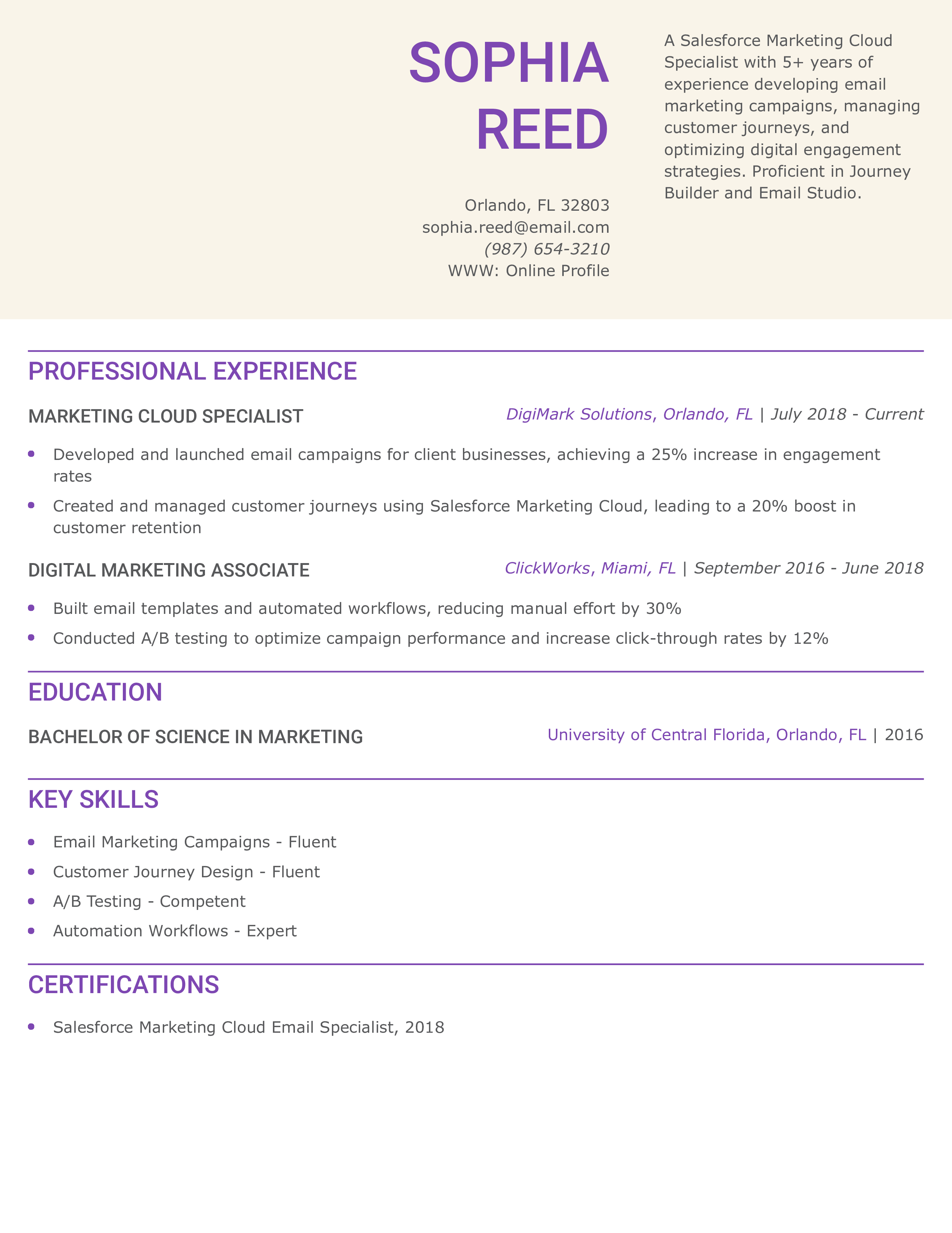 Salesforce Marketing Cloud Specialist Resume