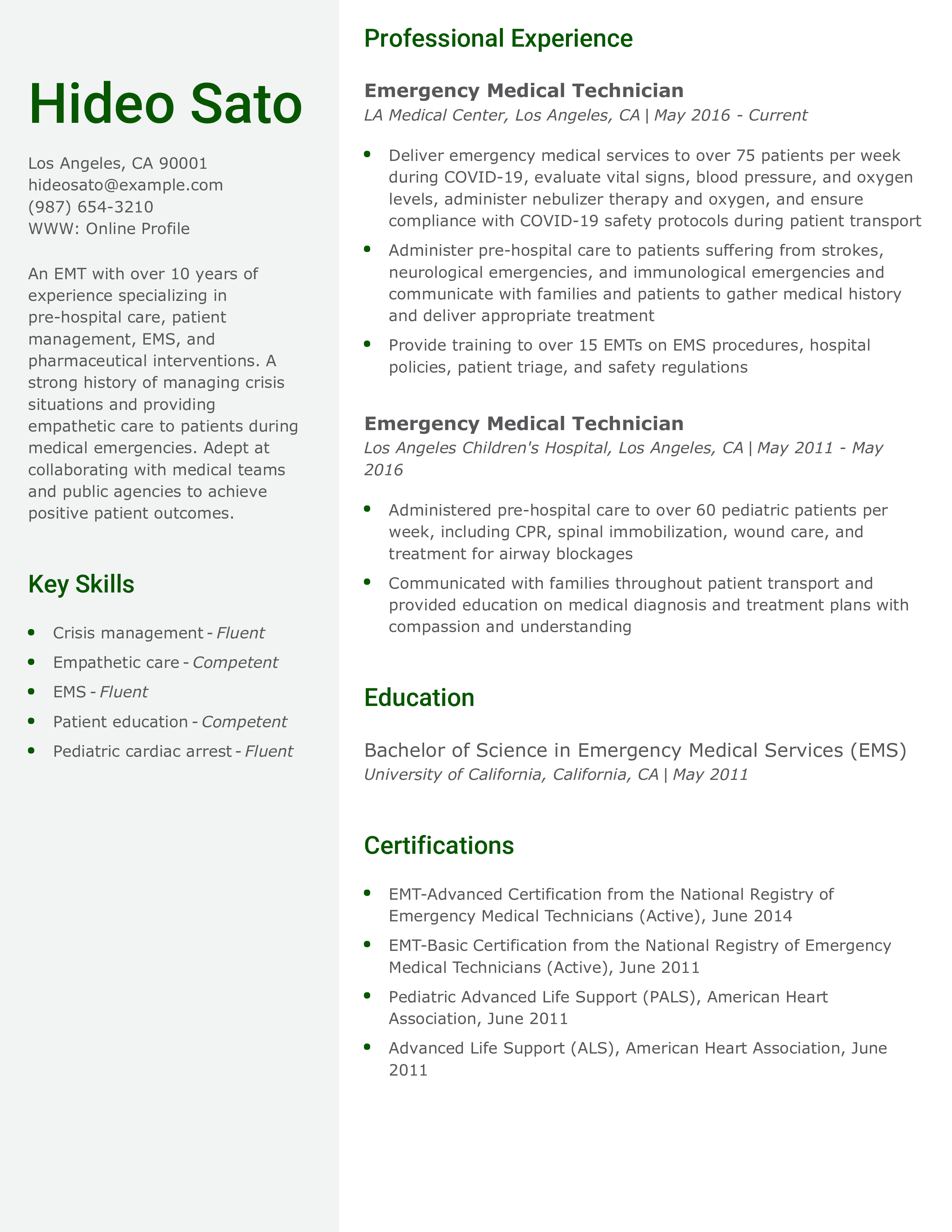 Senior-Level Emergency Medical Technician Resume