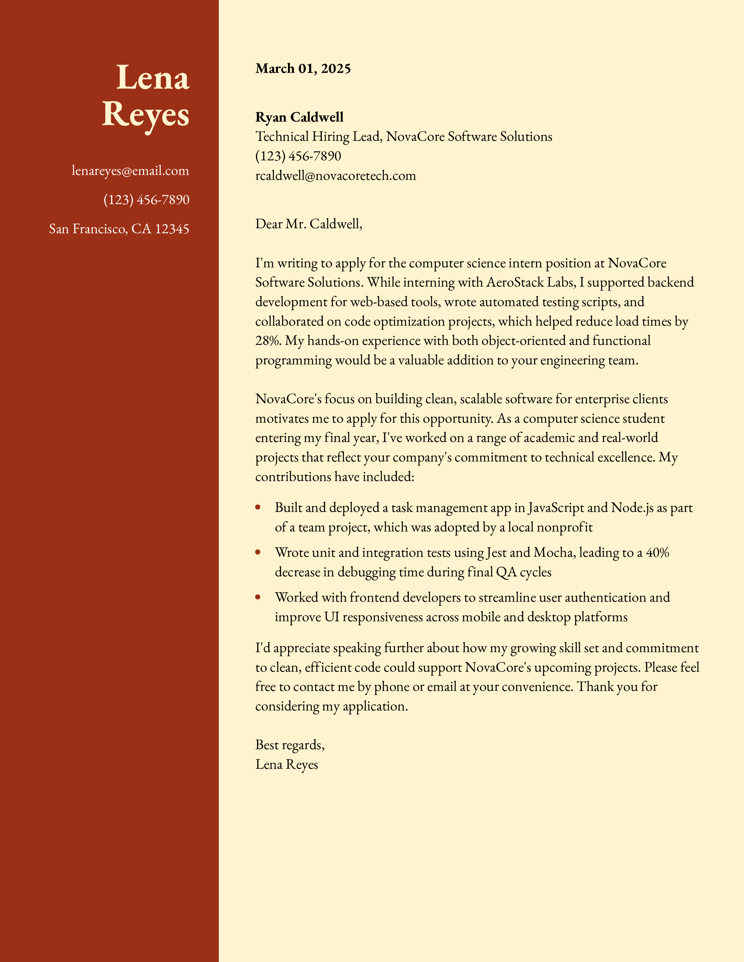 Computer Science Intern Cover Letter