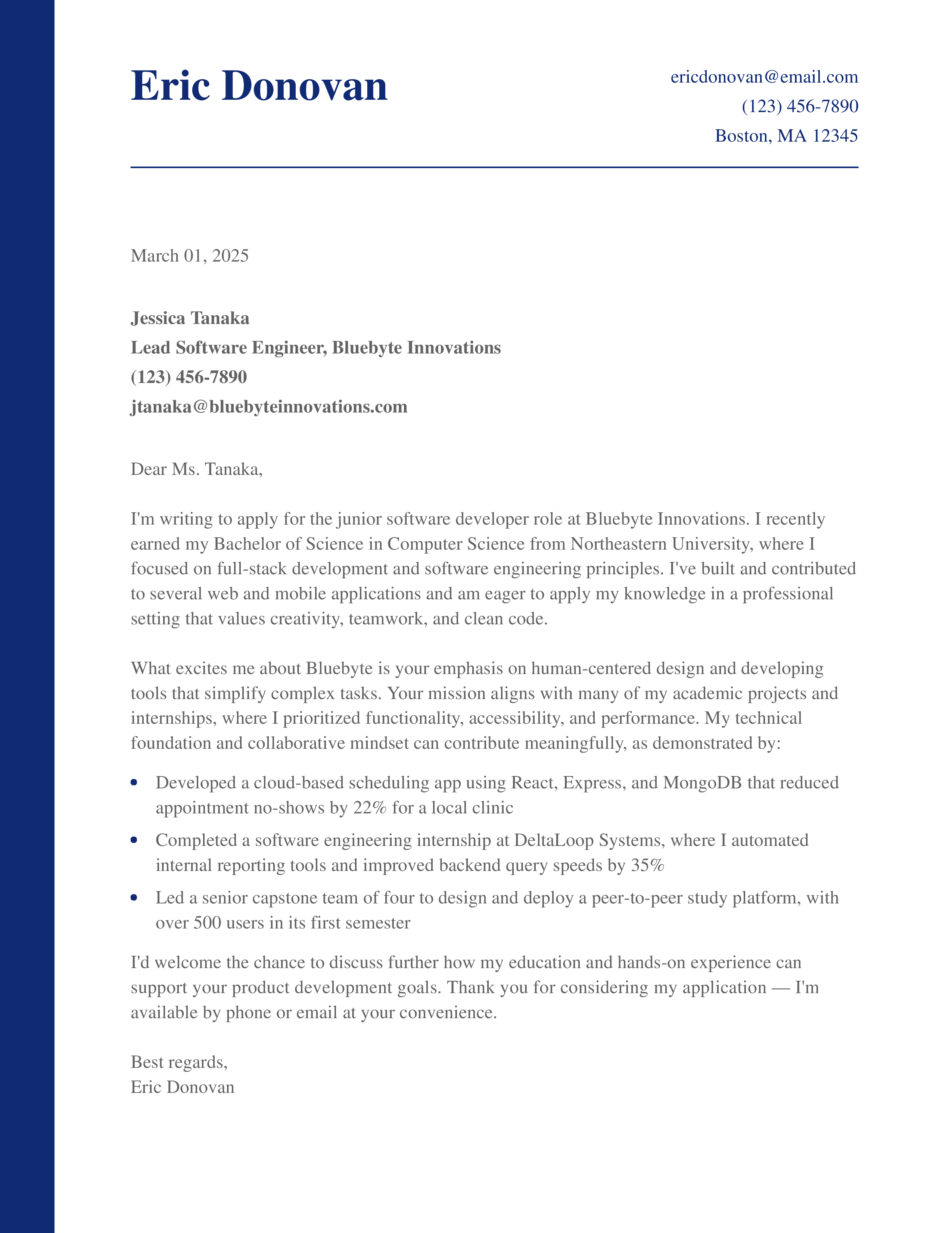 Computer Science Student Cover Letter