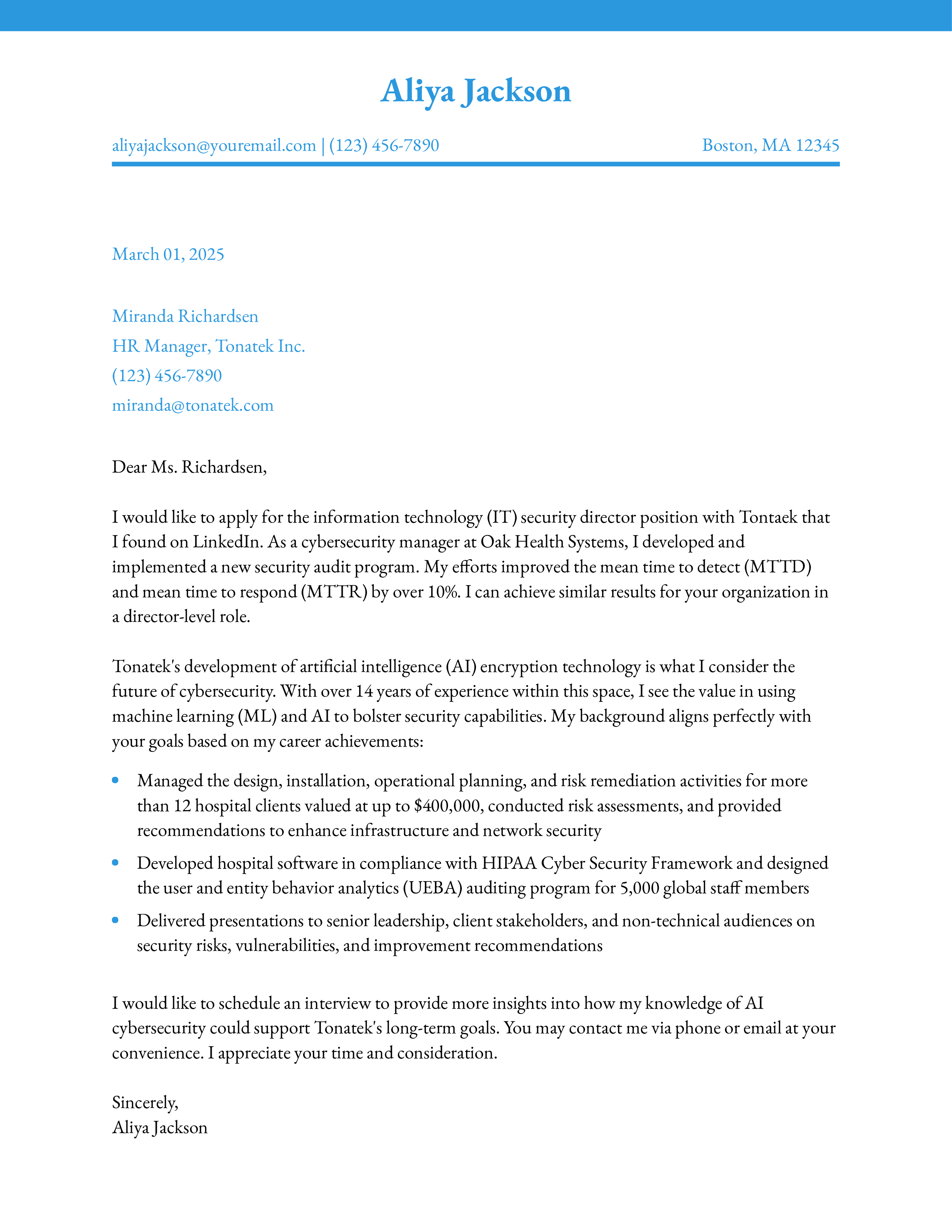 Cybersecurity Manager Cover Letter