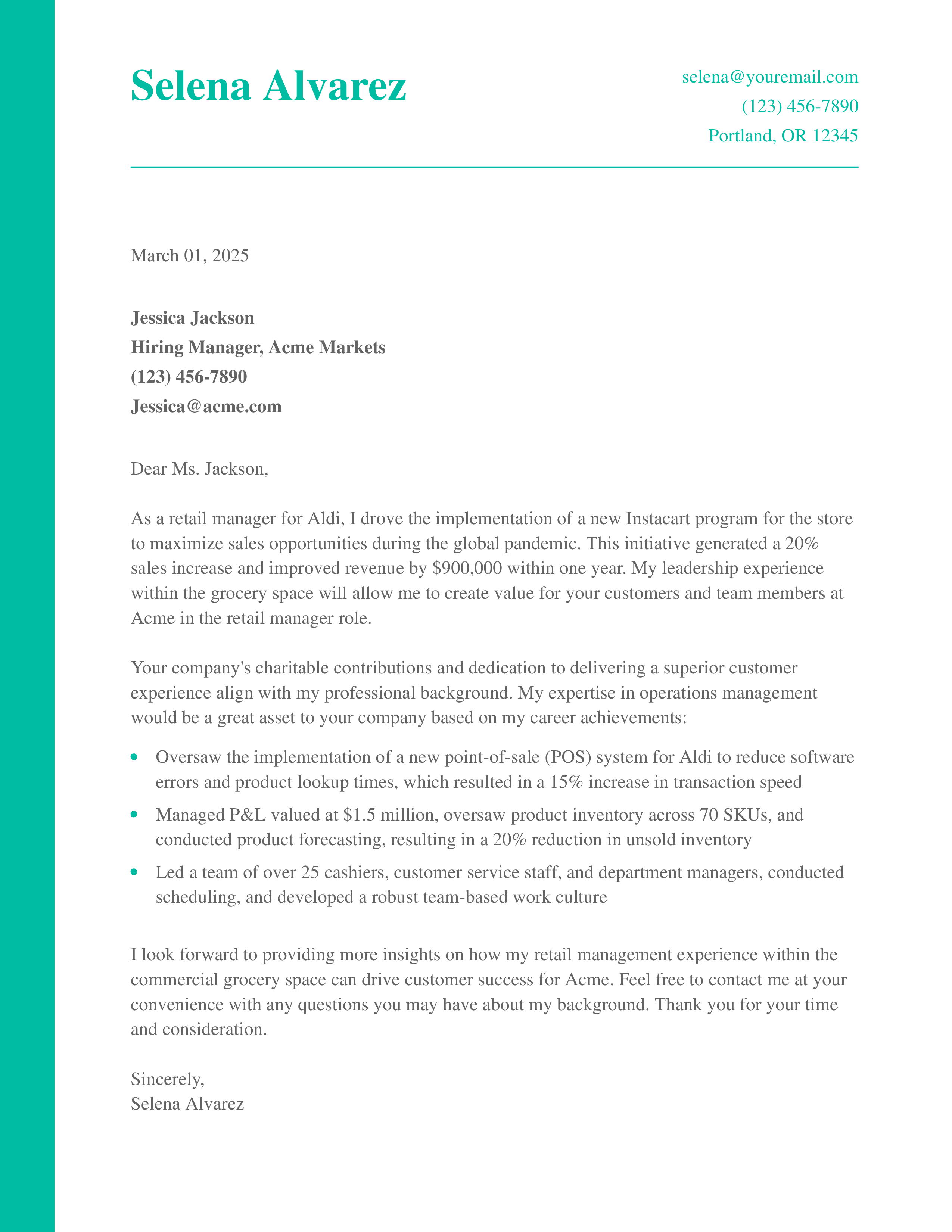 Retail General Manager Cover Letter