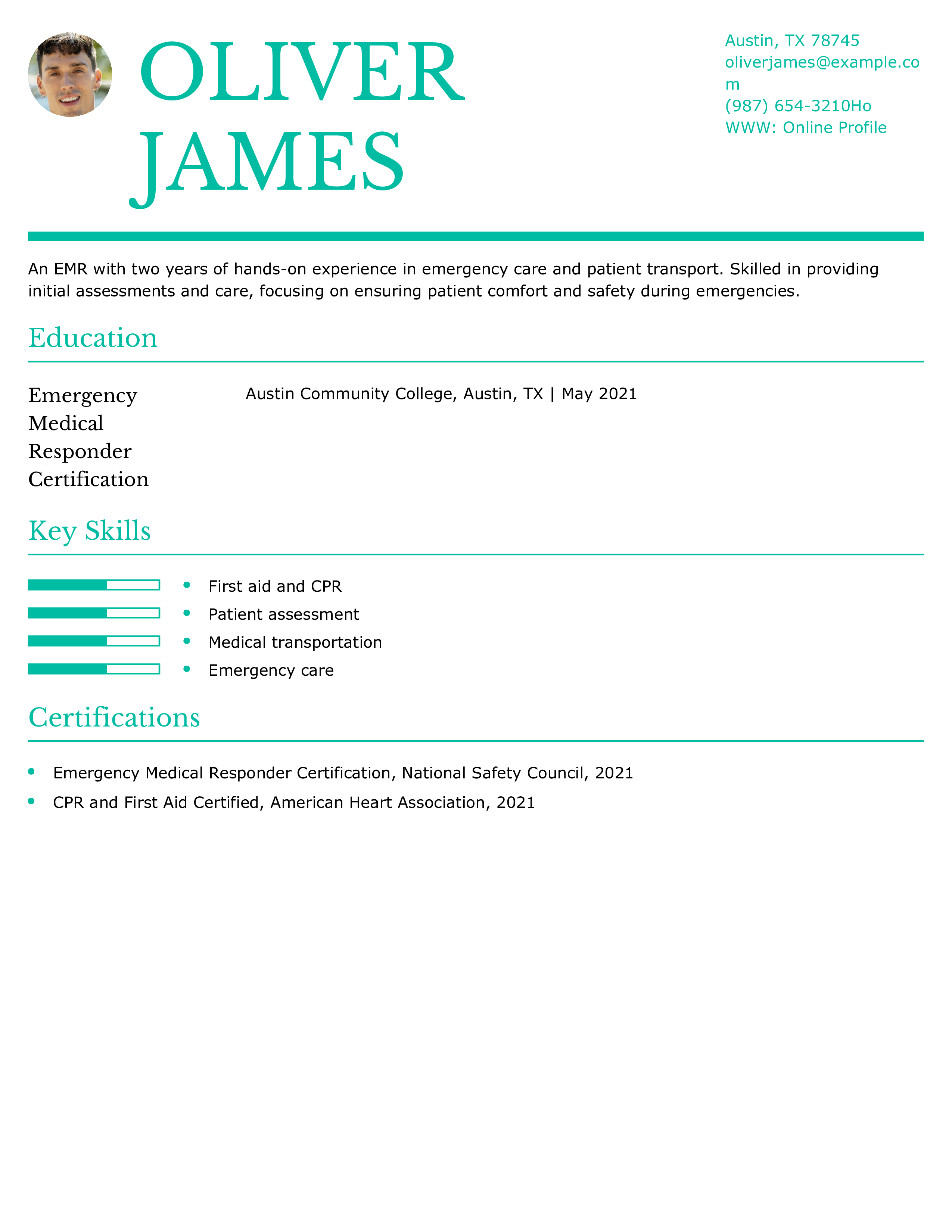 Beginner Emergency Medical Responder Resume