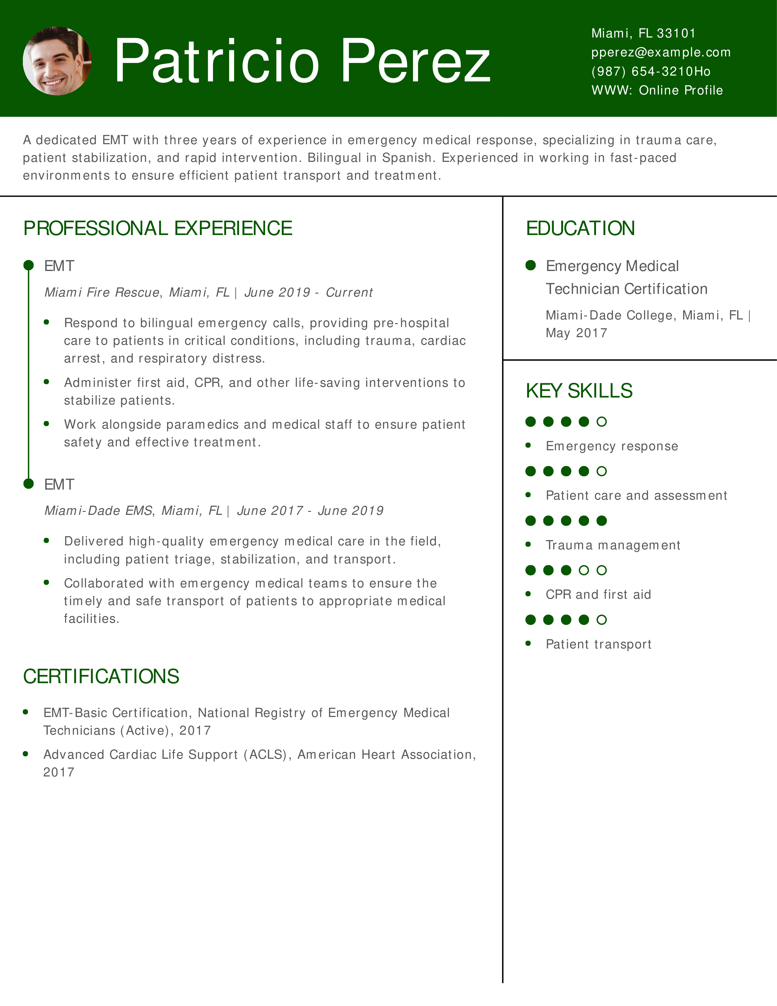 Bilingual Emergency Medical Technician Resume