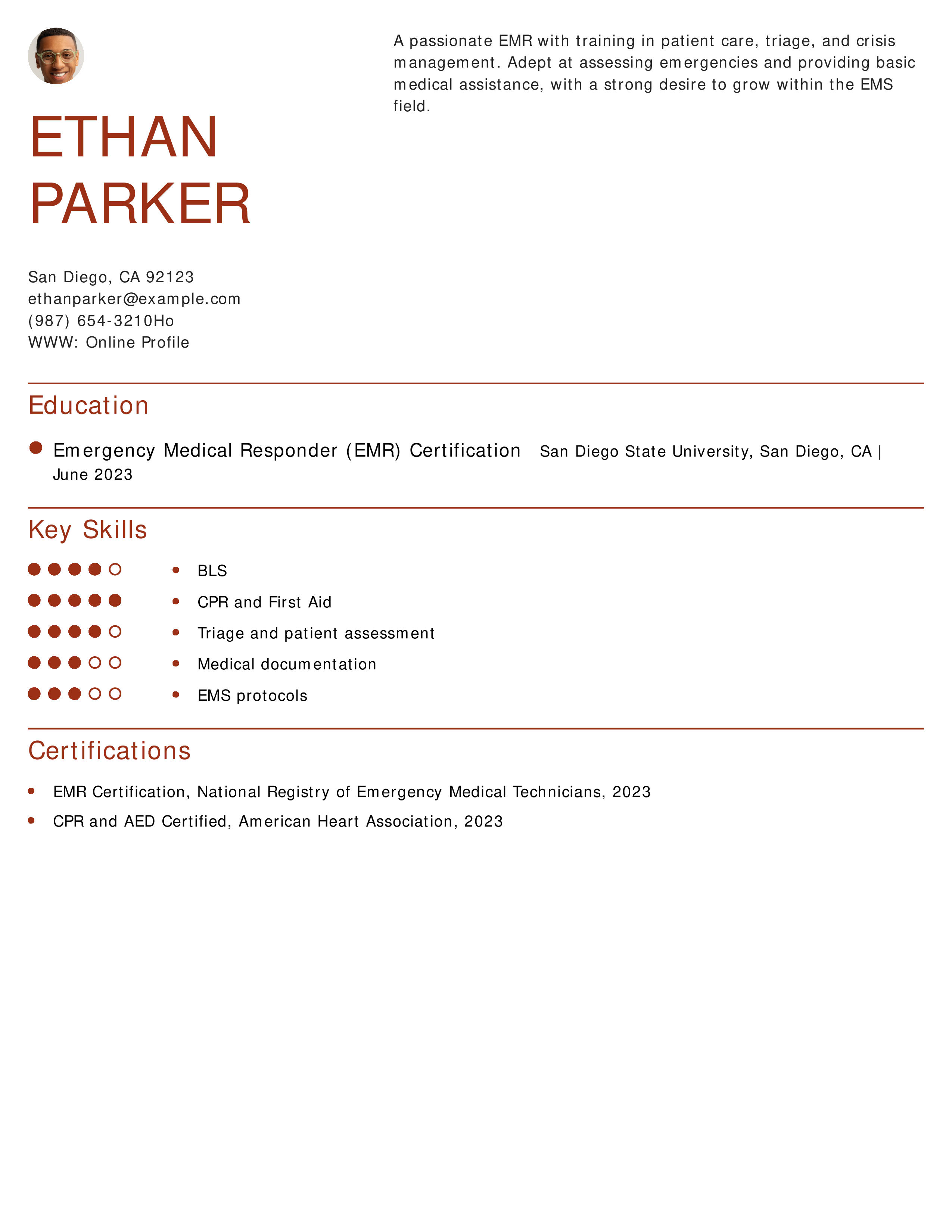 Emergency Medical Responder Resume