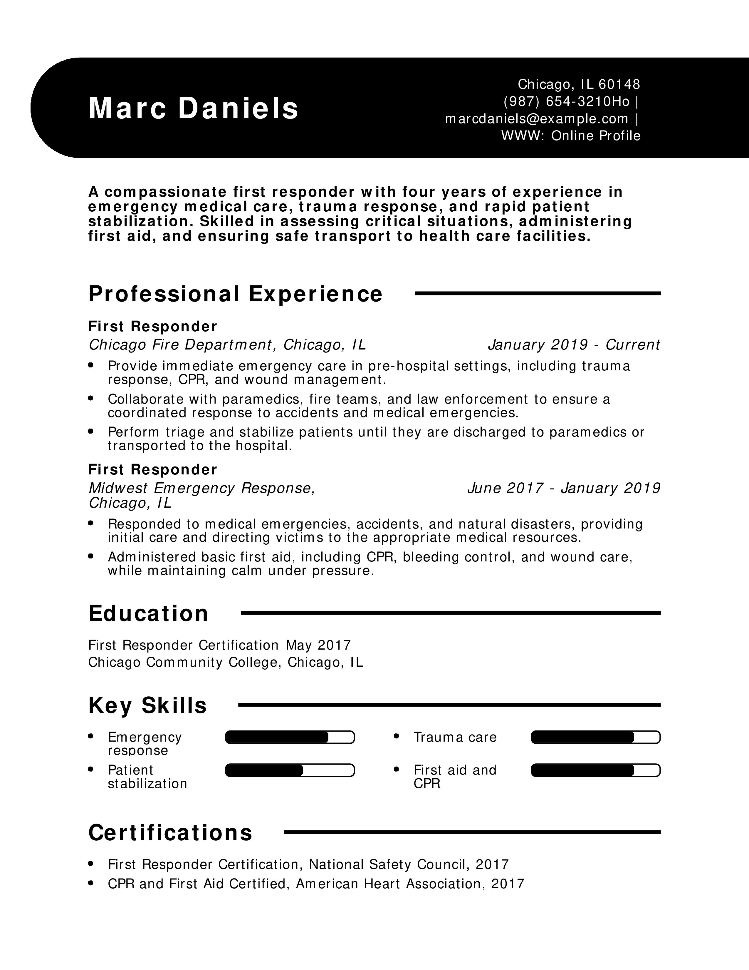 First Responder Emergency Care Resume