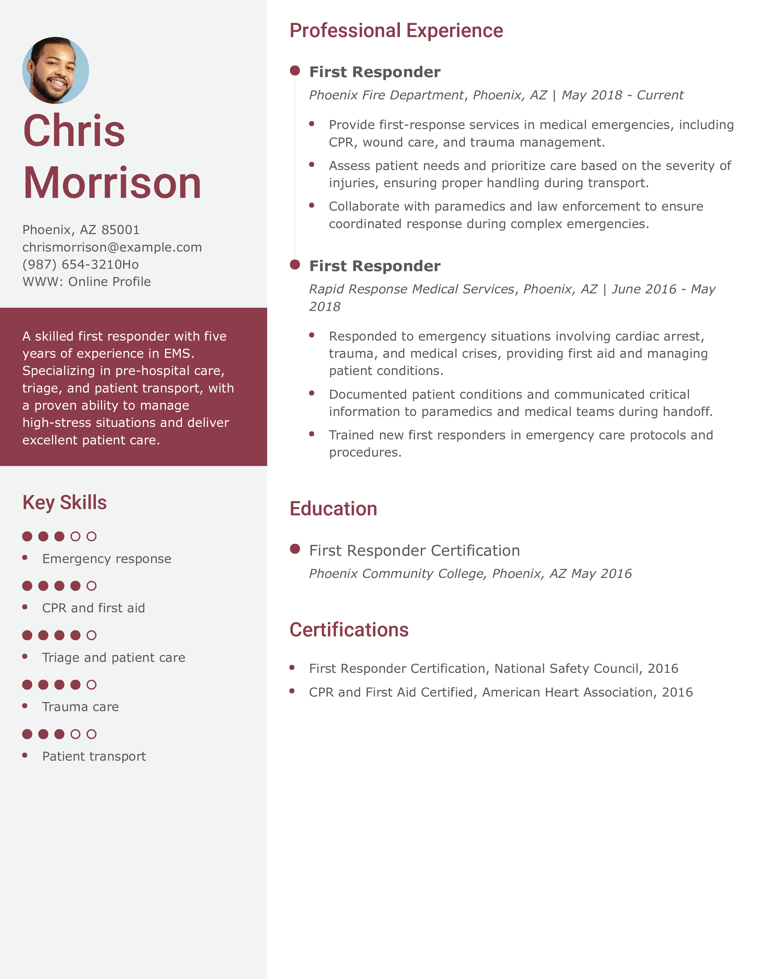 First Responder Pre-Hospital Specialty Resume
