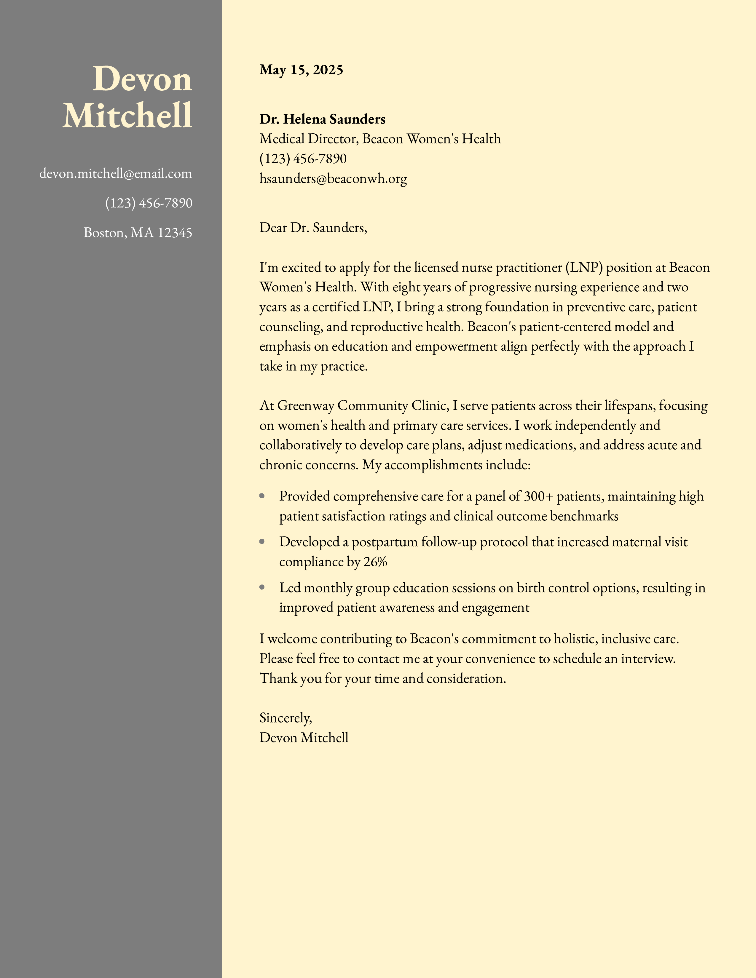 Licensed Nurse Practitioner Cover Letter