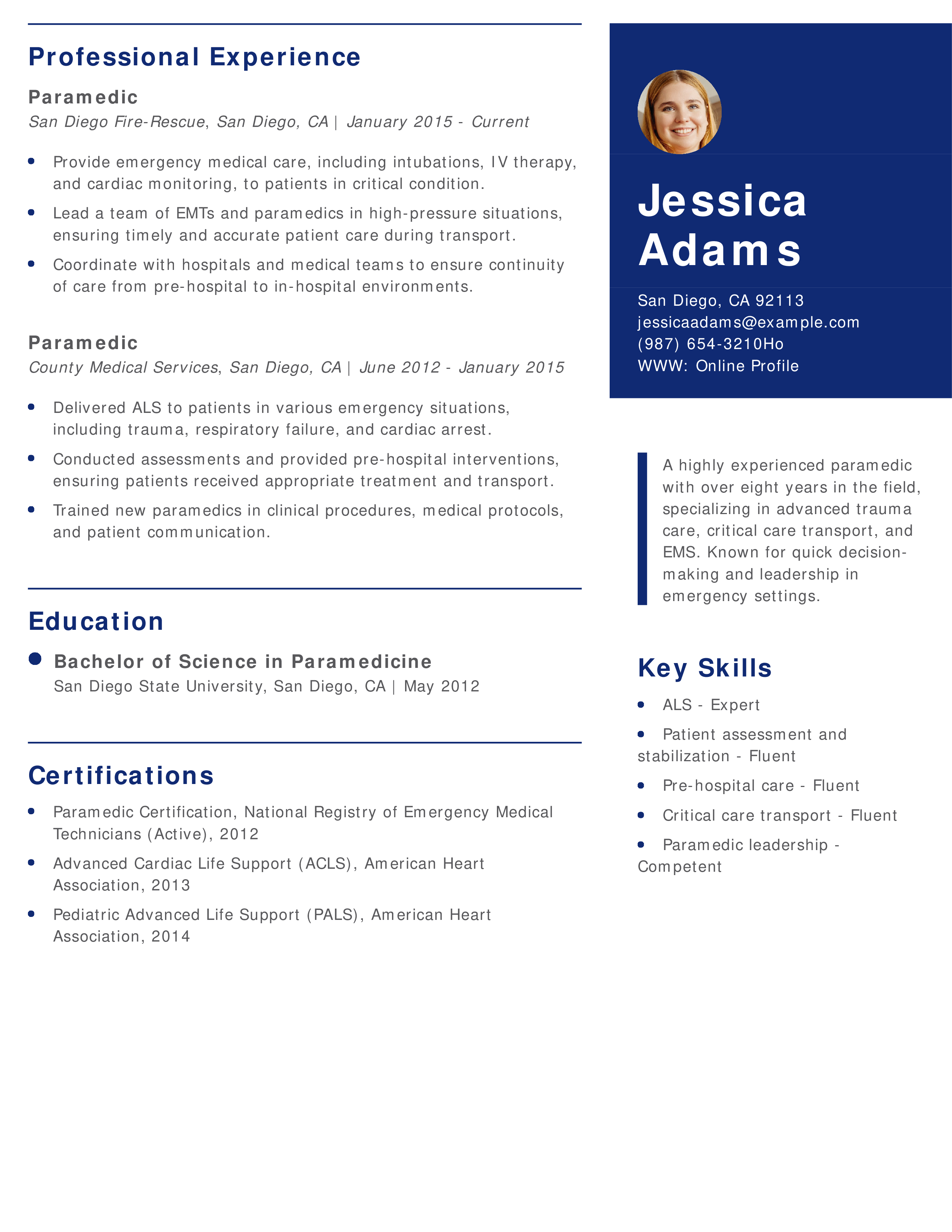 Senior Paramedic Resume