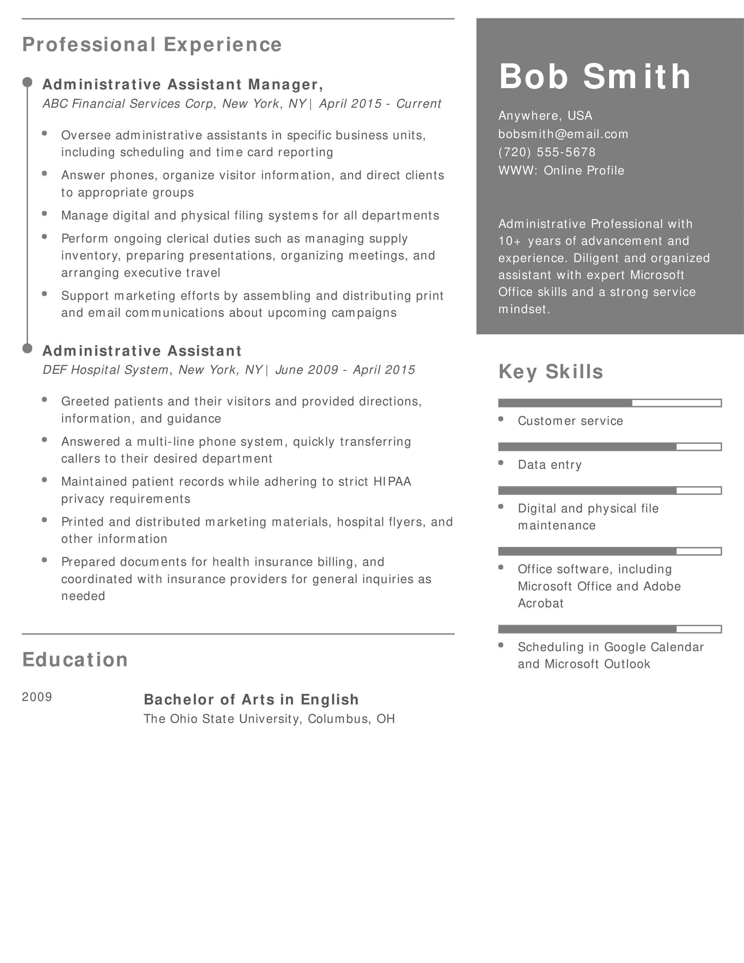 Administrative Assistant Manager Resume