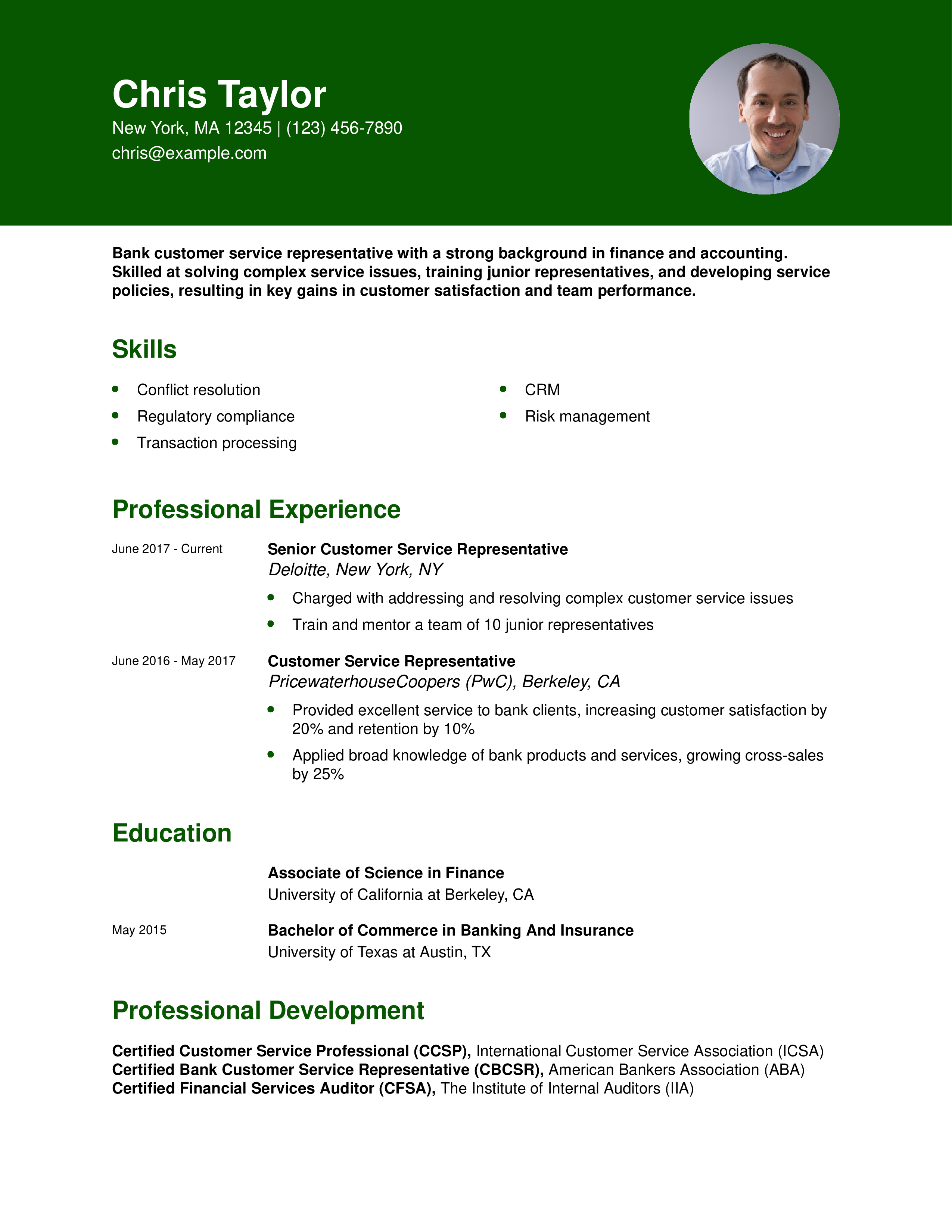 BankCustomerServiceRepresentativeResumeExampleHomepage