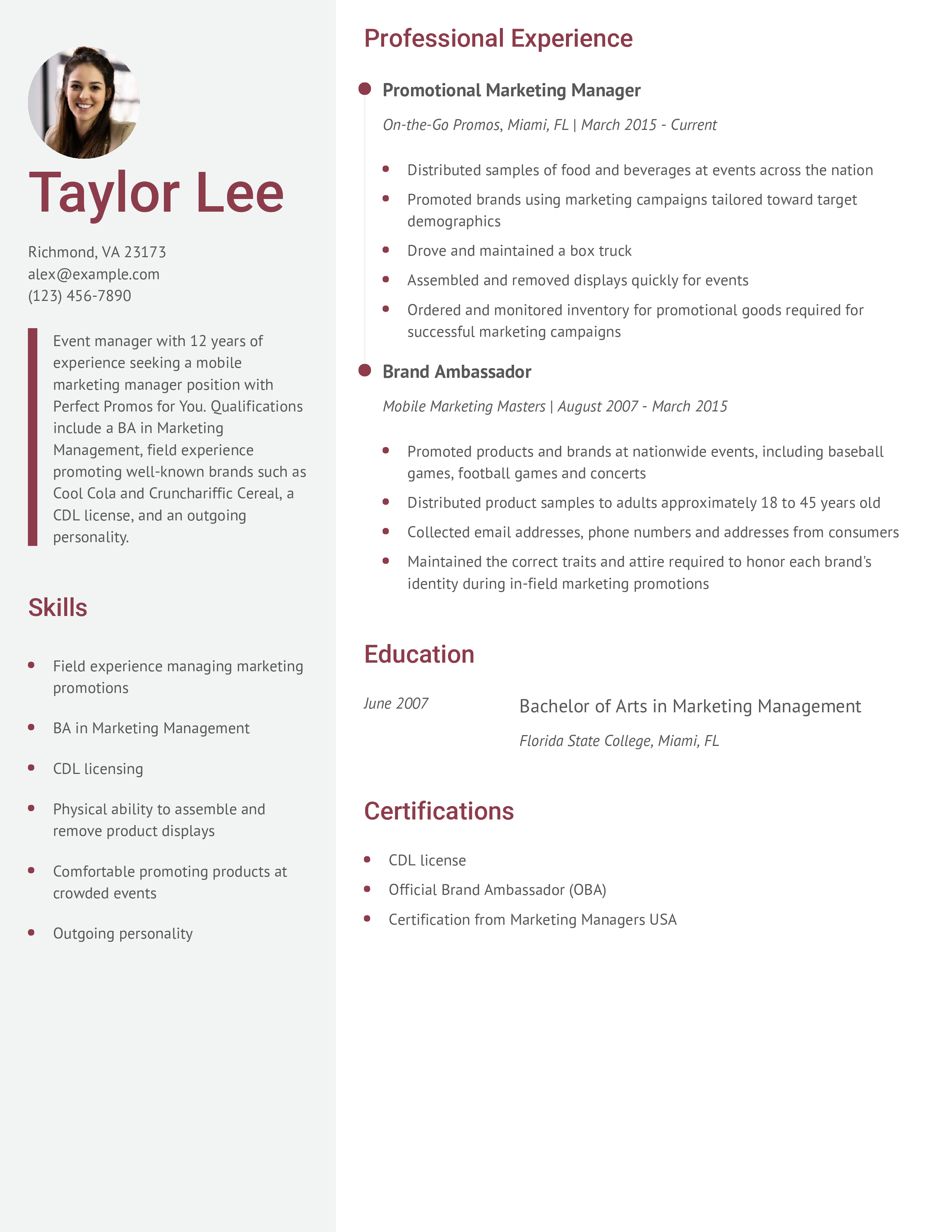 EventManagerBasicResumeExampleHomepage