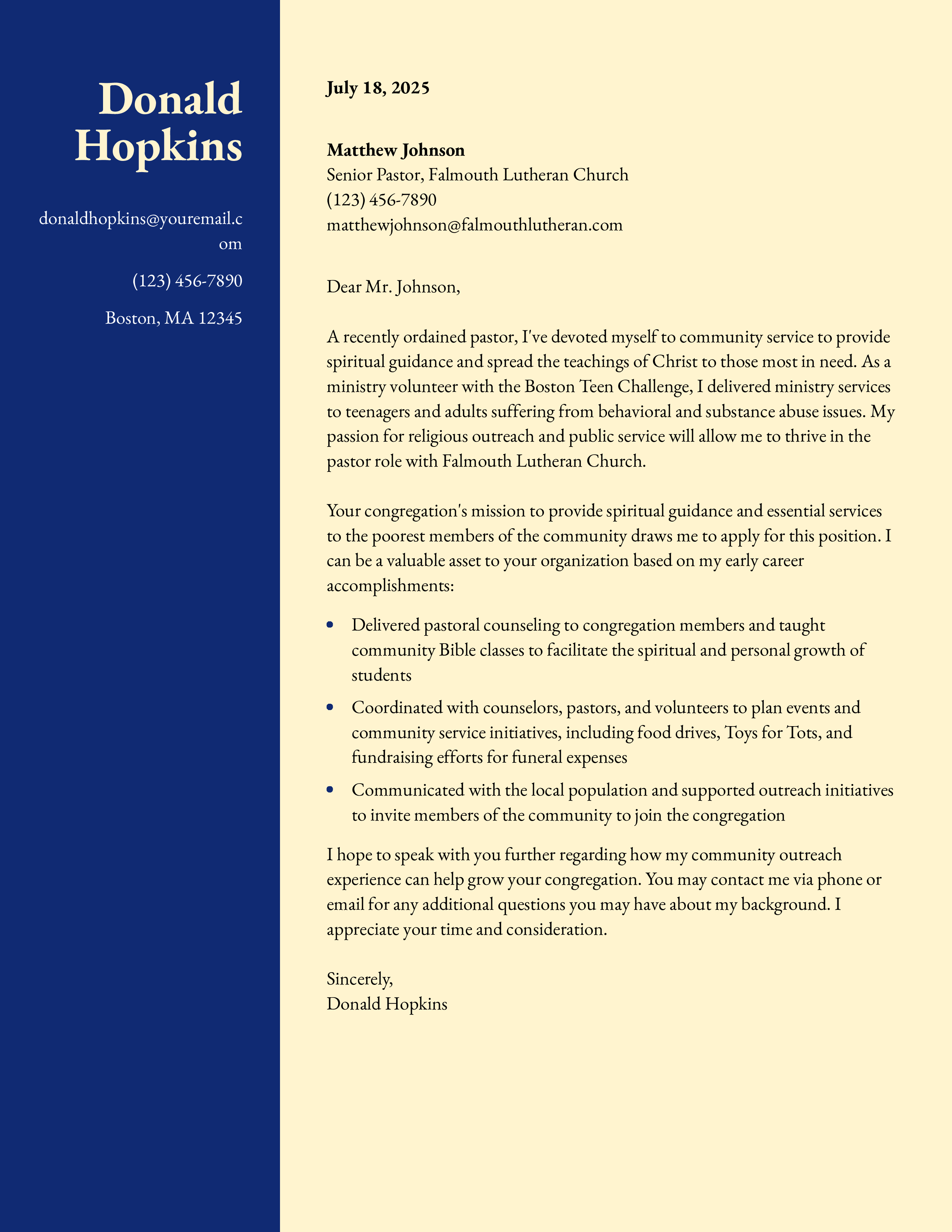 Community Outreach Pastor Cover Letter