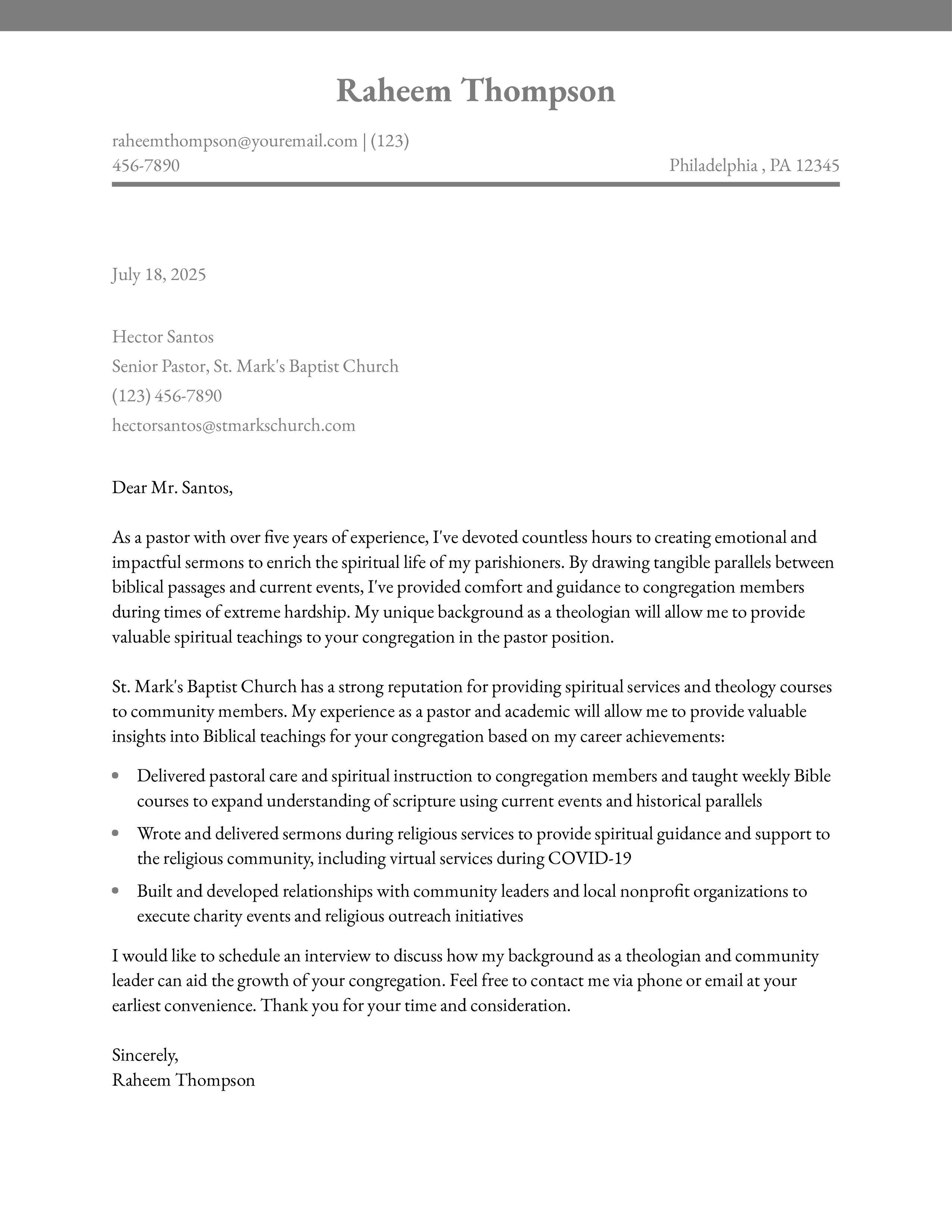 Pastor Cover Letter