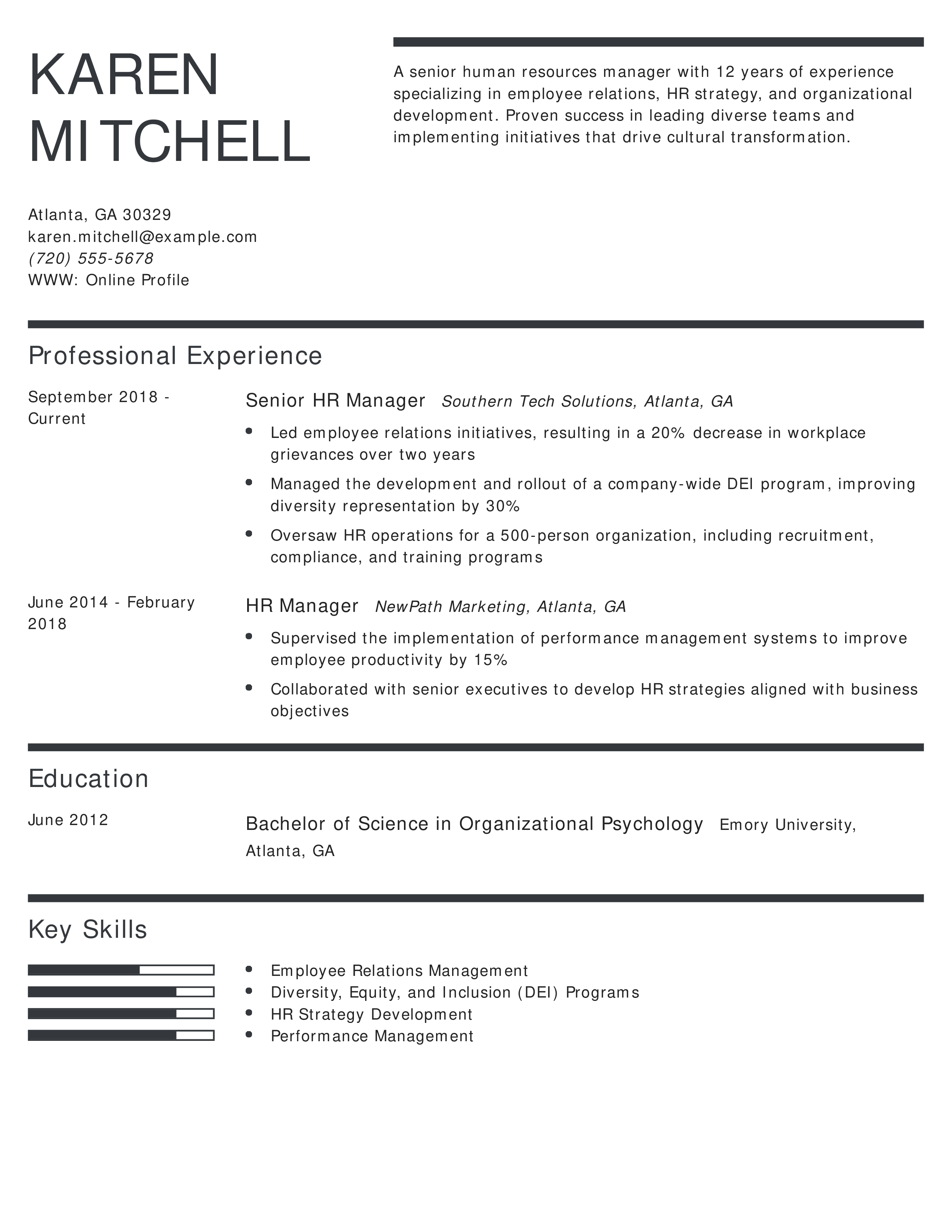 Senior Human Resources Manager Resume