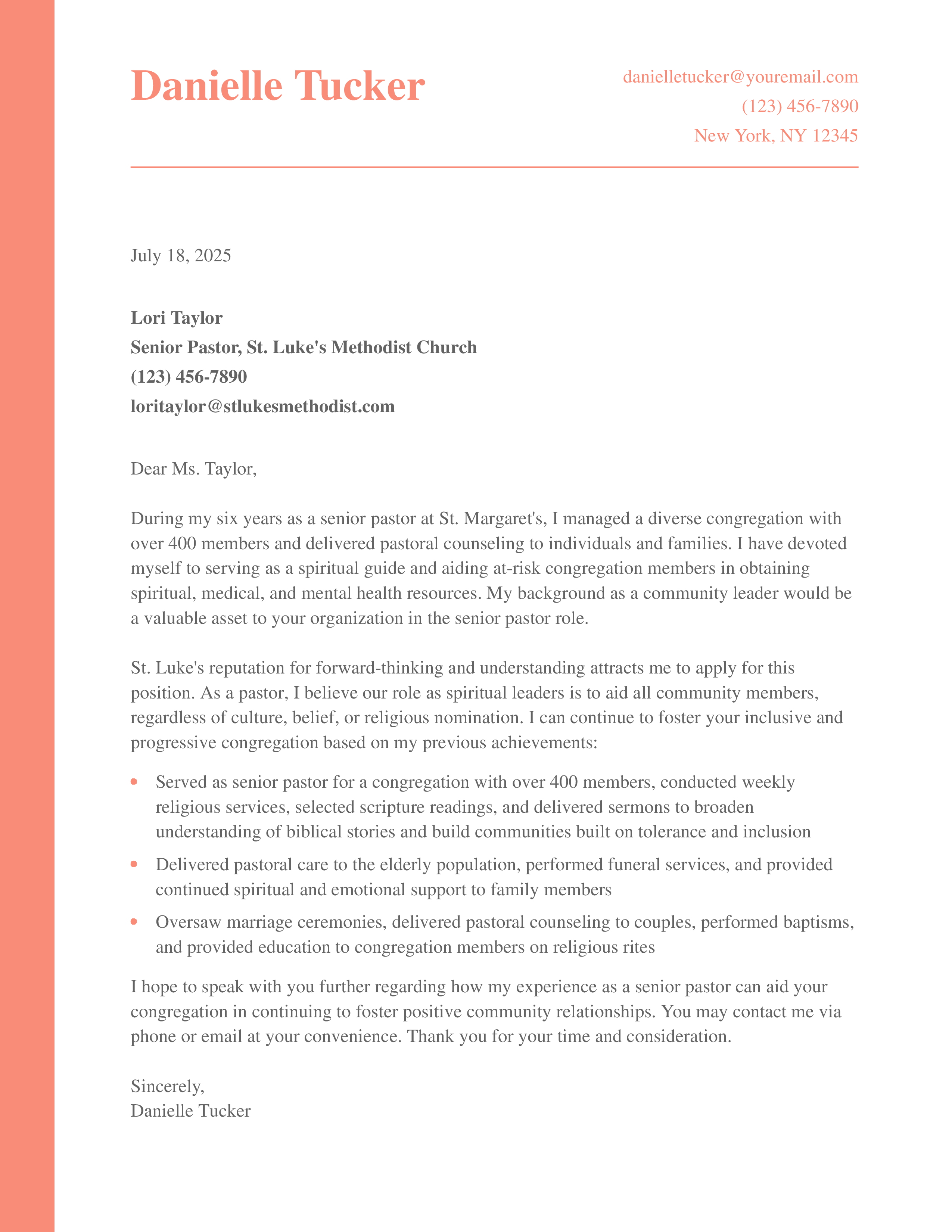 Senior Pastor Cover Letter