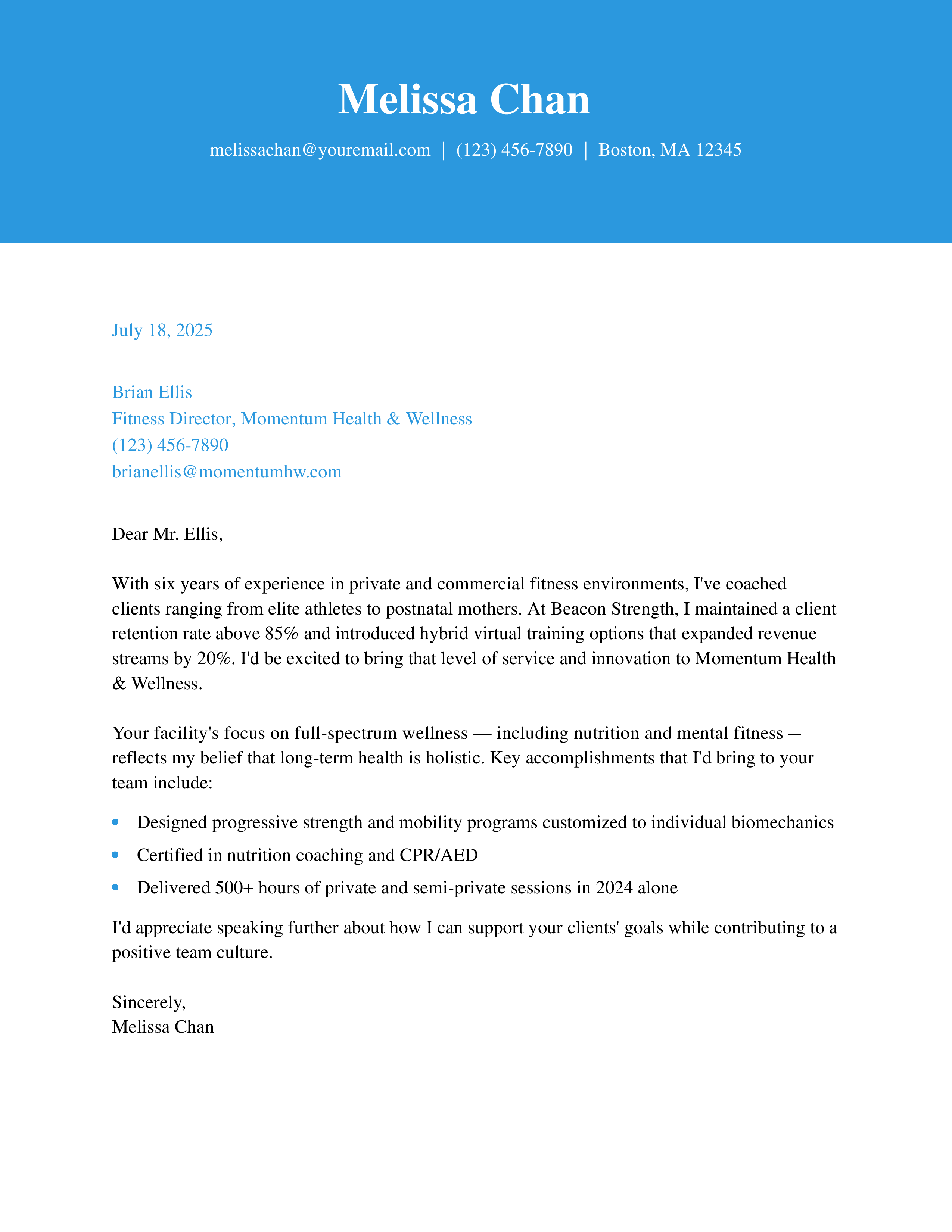 Commercial Fitness Trainer Cover Letter