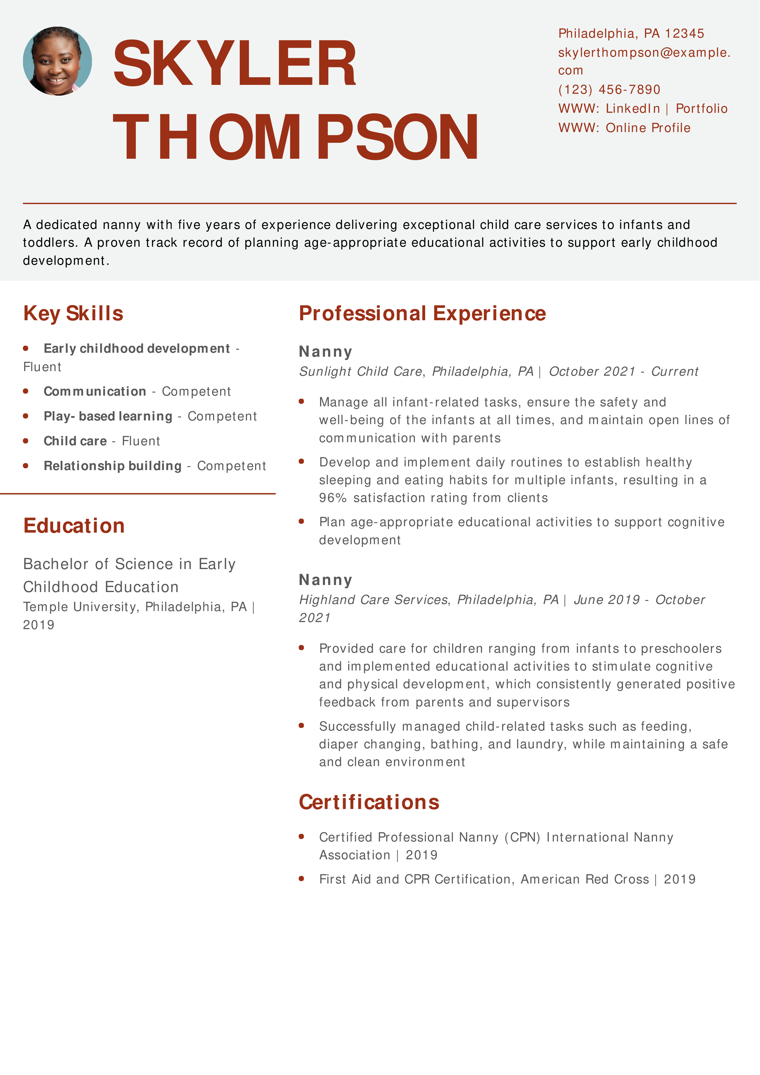 Infant Nanny Resume