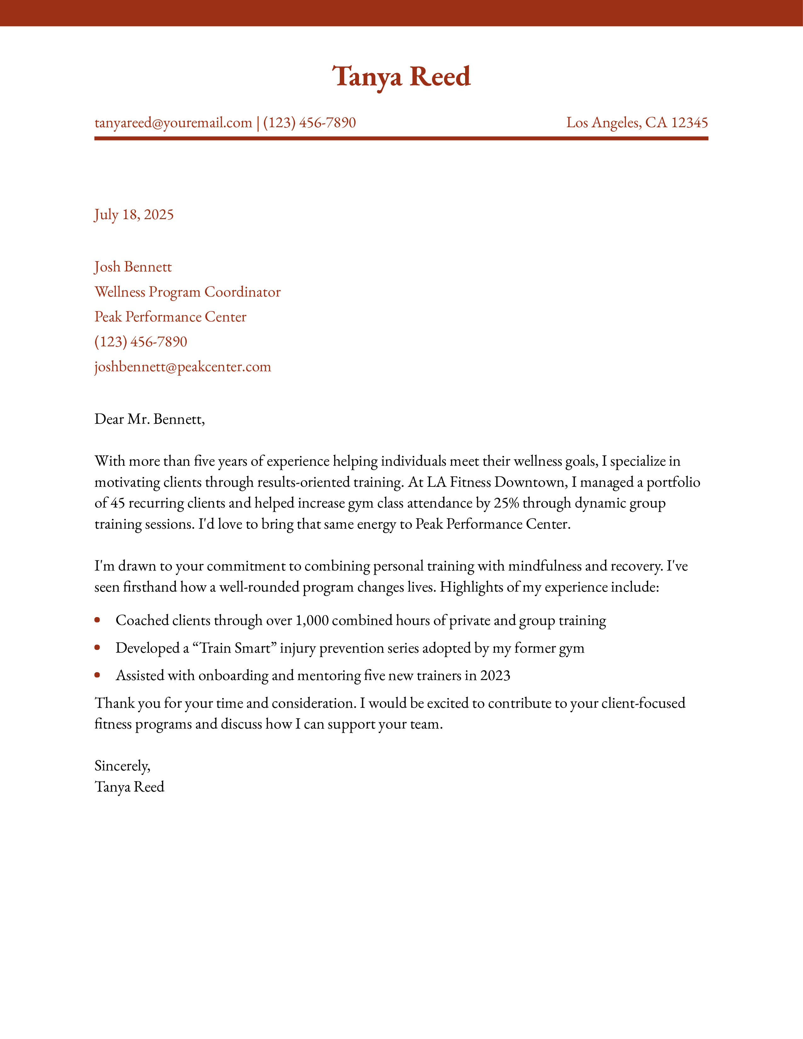 Personal Trainer Cover Letter