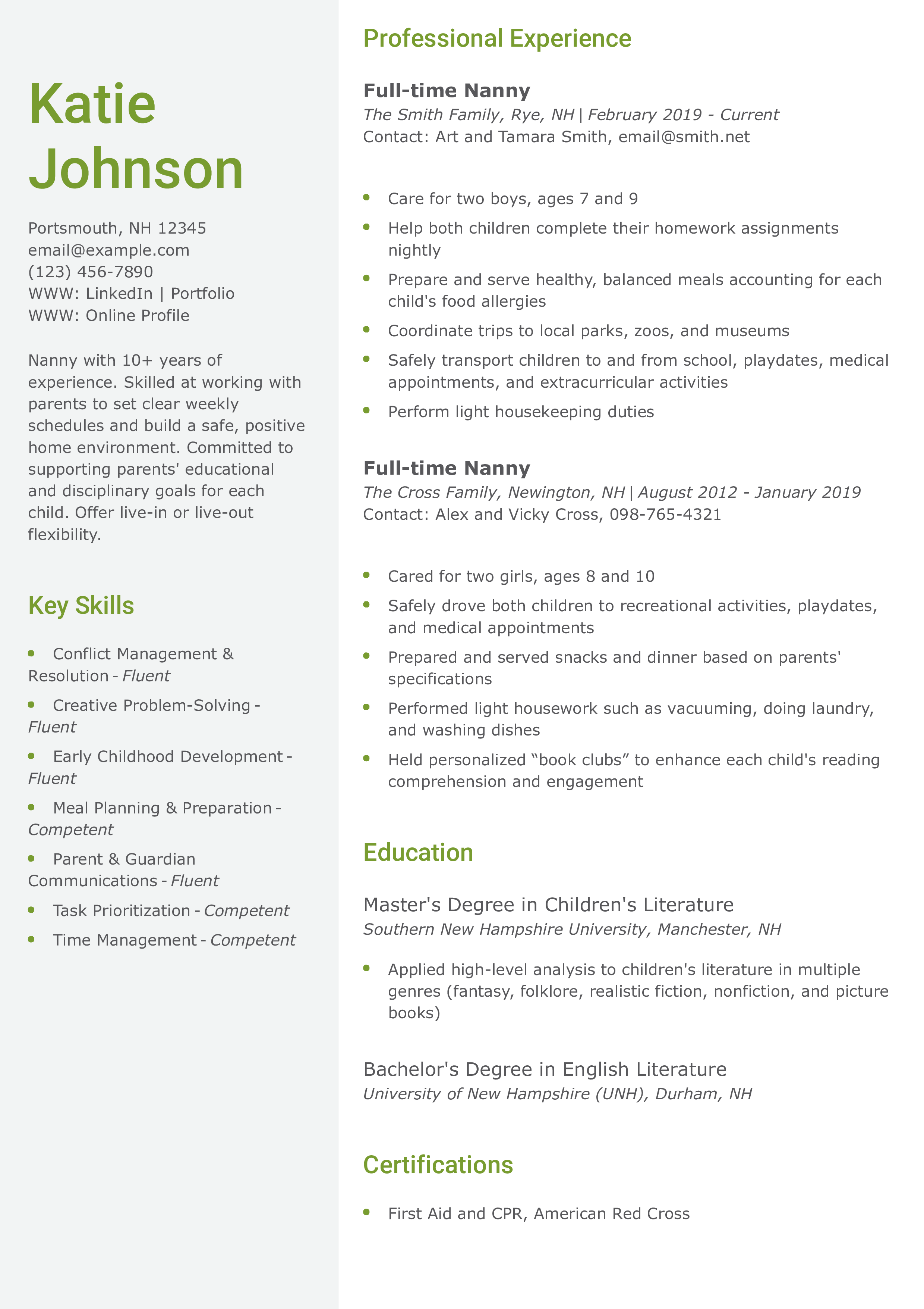 Senior-Level Nanny Resume